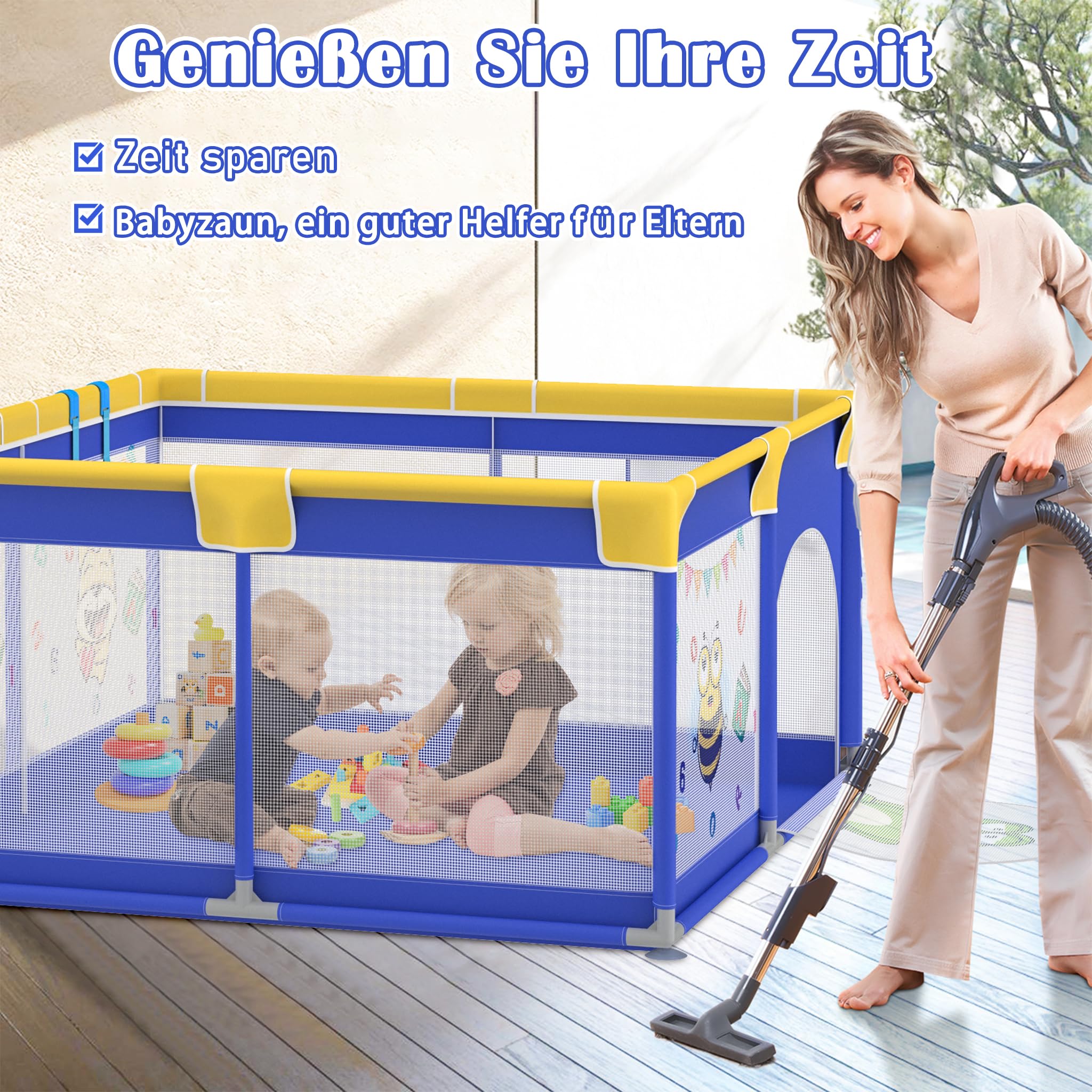 Aufun Box per Bambini, Tela 300D Oxford, con Schiuma Anti-Collisione, Griglia di Blocco, Rete Traspirante, Cerniera (Blu, 180x200x68 cm)