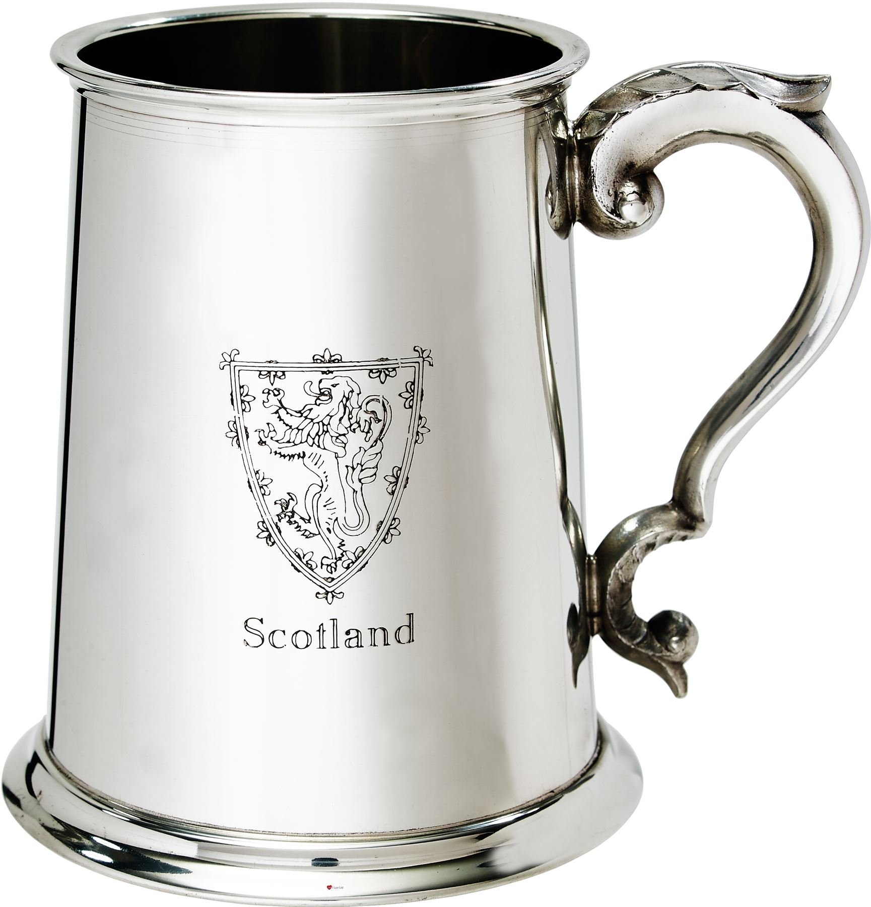 Chope de bière en étain gravée avec anse ciselée et blason écossais