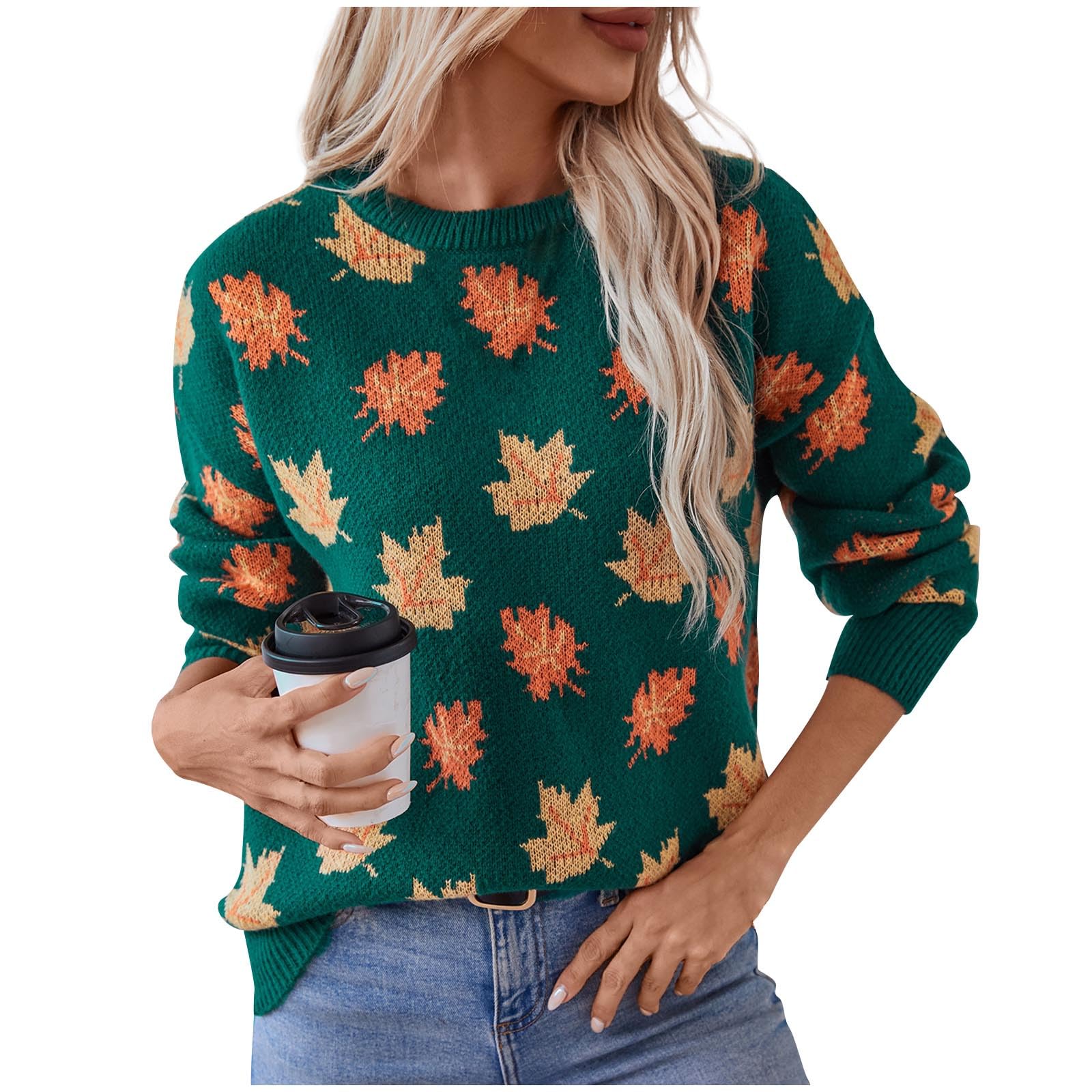 Womens Halloween Sweater Maple Leaf Pattern Vaction Crewneck Long Sleeve Casual Loose Fit Fall Knit Pullover Tops
