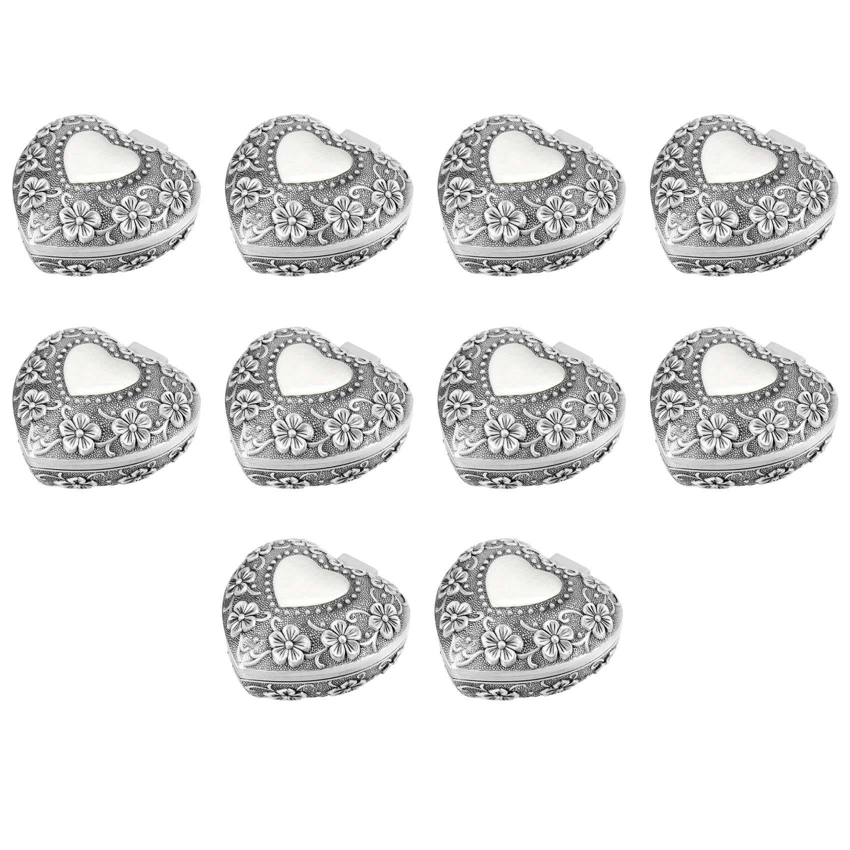 Hndhbfgrt 10X Classic Vintage Antique Heart Shape Jewelry Box Ring Small Trinket Storage Organizer Chest,Silver
