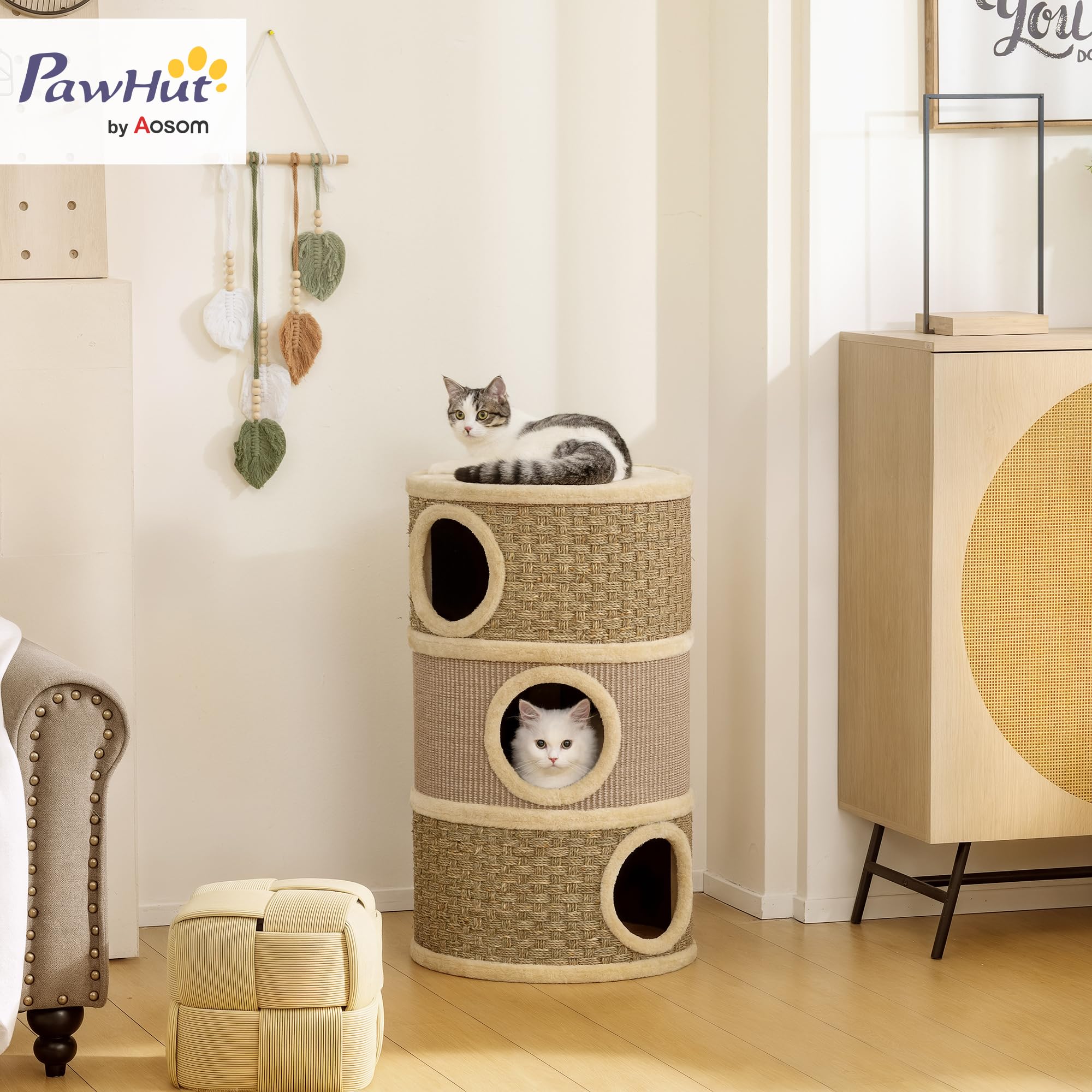 PawHut Tiragraffi per gatti, altezza 79 cm, diametro 45 cm, con corda in sisal a a 3 ripiani, per gatti grandi, cachi e caffè