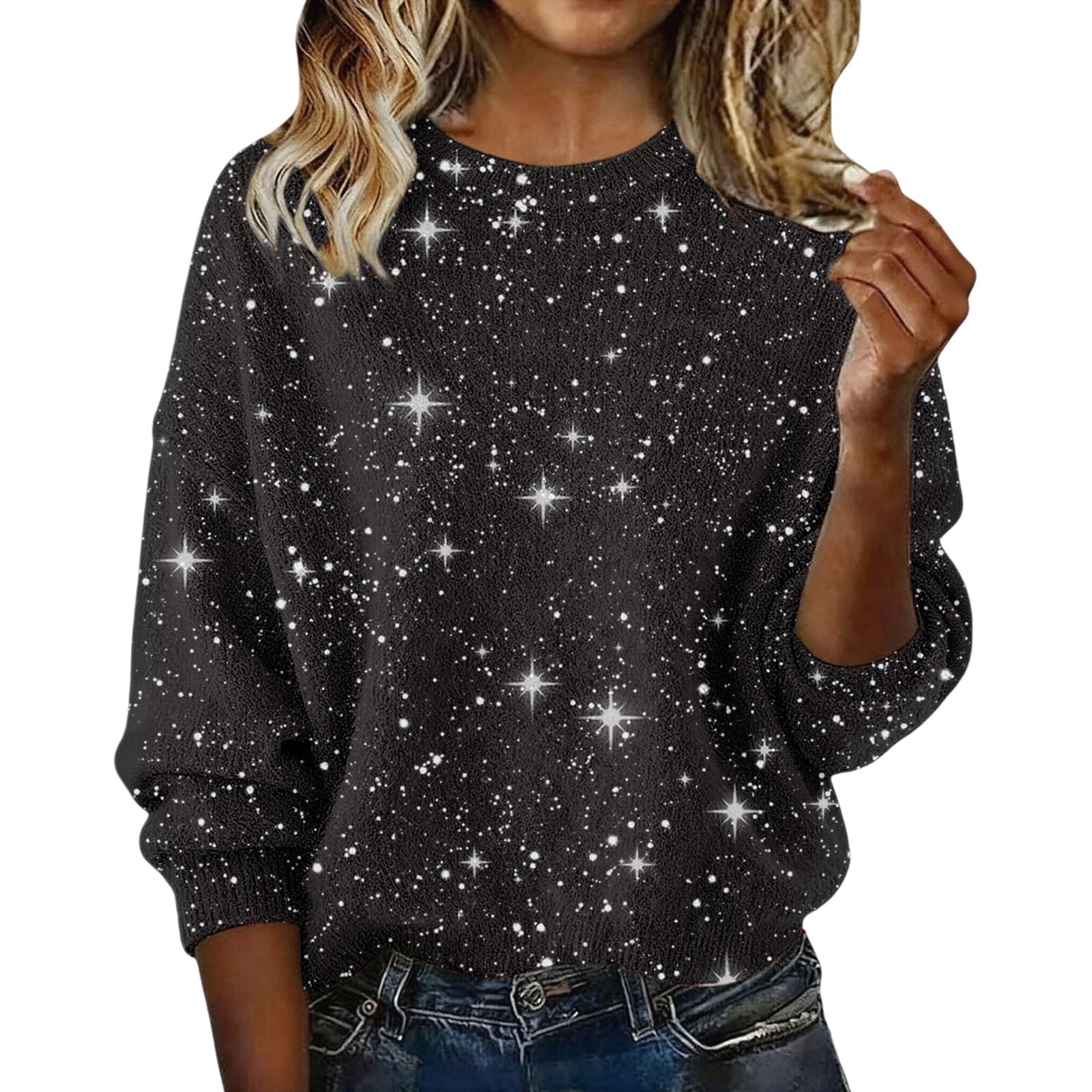 Sequin Sweater for Women Sparkly Shimmer Glitter Sweater Long Sleeve Shiny Knit Pullover Soft Party Holiday Tops