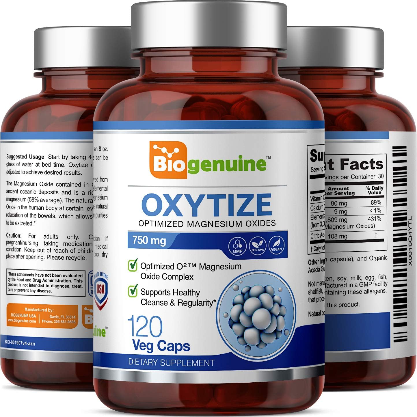 Oxytize 750 mg 120 Vcaps - Natural Magnesium Oxide Oxygen Based Colon Cleanse Gentle Laxative - Supports Healthy Digestive Tract Regularity