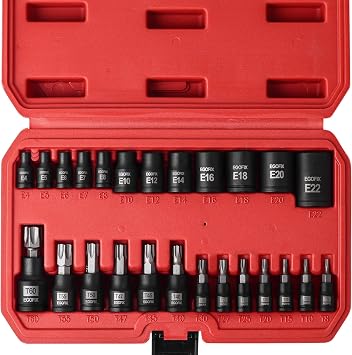 25 Piece Torx Bit and Socket Set, 13 Star Bits (T8- T60) & 12 E-Torx Sockets (E4-E22), Professional Grade Auto & Motorcycle Mechanic Set