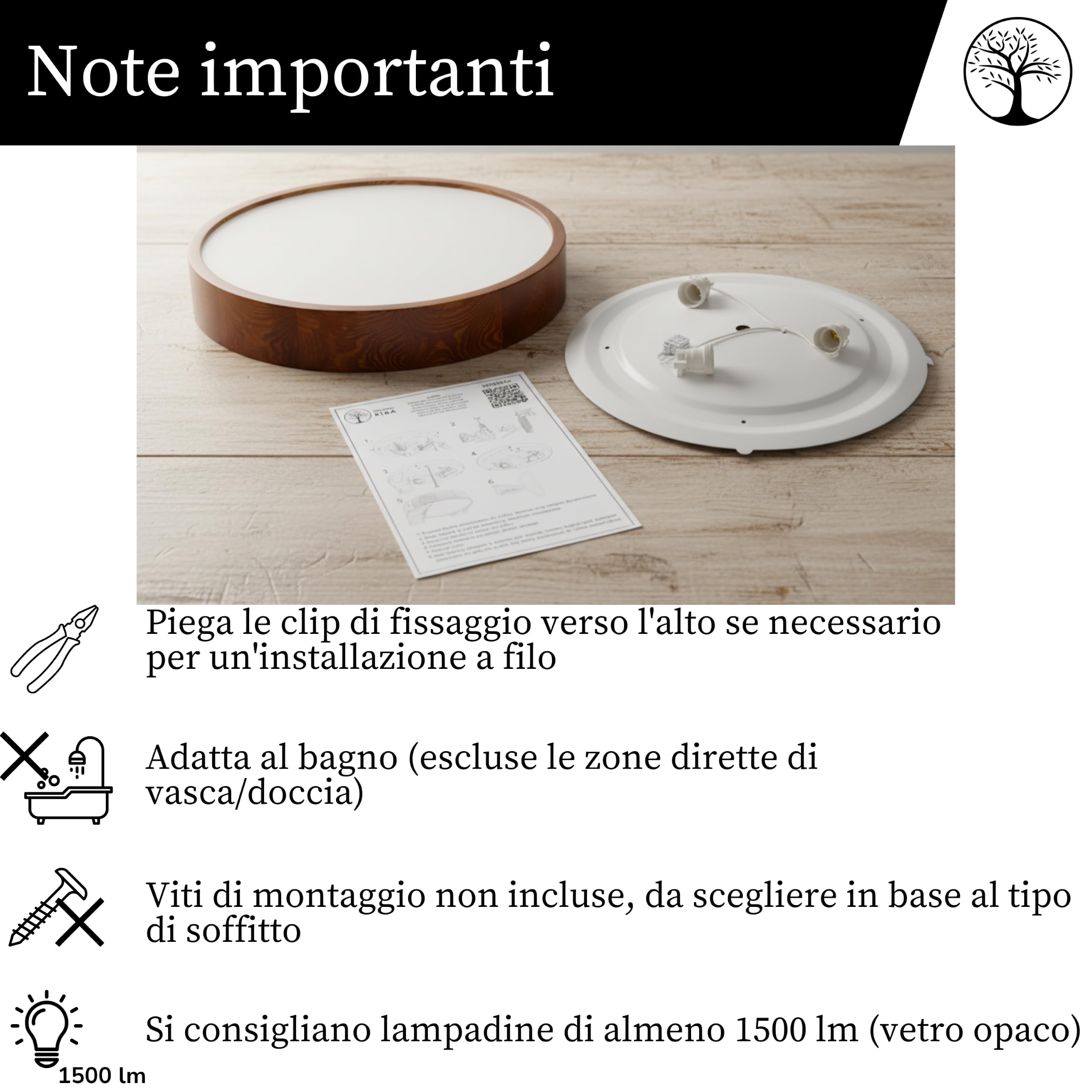 Plafoniera rotonda legno noce 3xE27 (47 cm) LEJA | Legno massello, Installazione facile, Prodotto nell'UE, CE, Paralume in vetro satinato, Facile da pulire