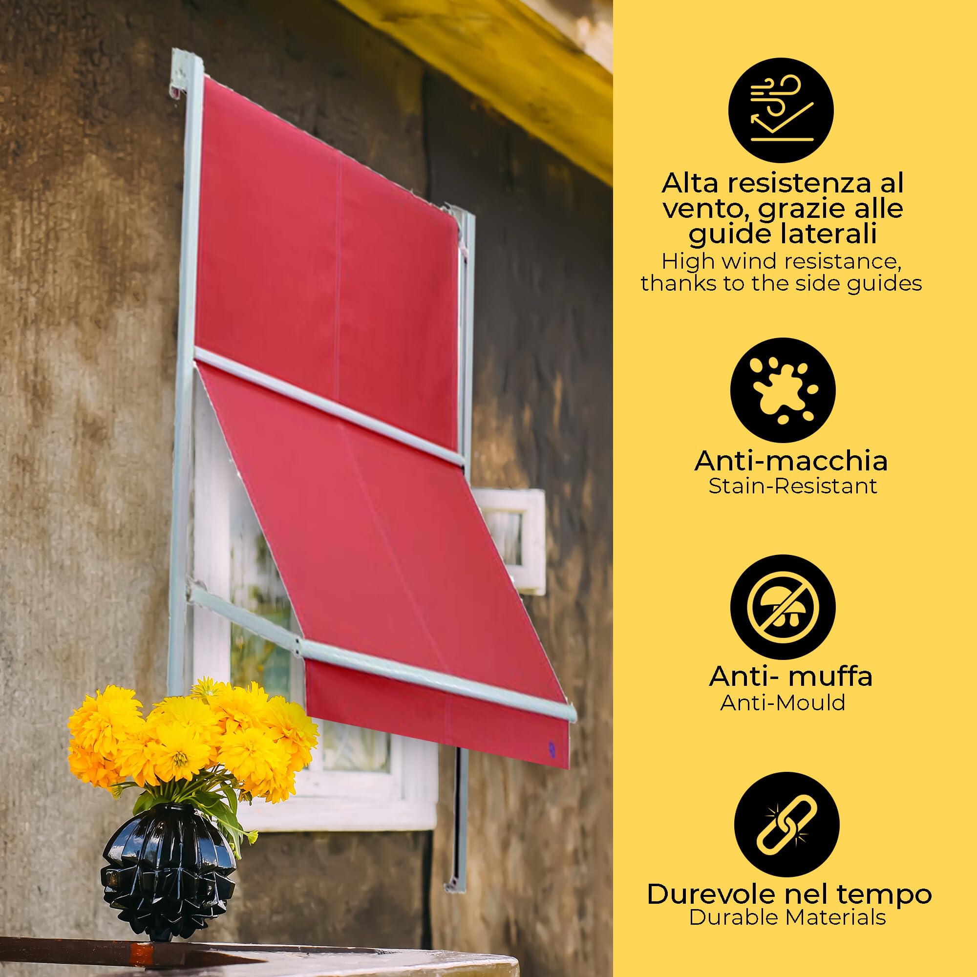 Tenda da Sole Per Balcone a Caduta Mod. Genova con Guide Laterali, Personalizzabile, Tessuto Tempotest Para’ o PVC diversi colori. Tenda a Caduta Motorizzata o Manuale (LARGHEZZA DA 121 CM A 200 CM)