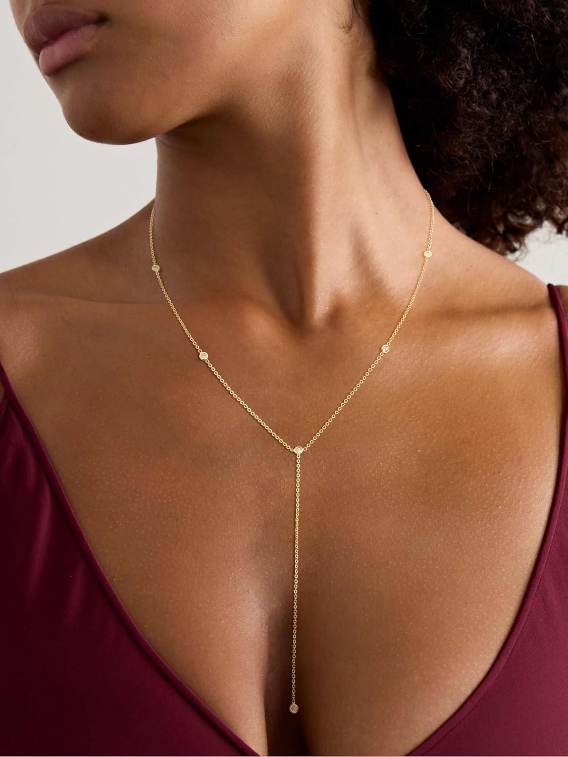 CHESKY Lariat Gold Necklace for Women, Dainty Long Necklace 14k Gold Plated Y-Shaped Pendant Necklace Trendy Layered CZ Beaded Chain Drop Necklaces Simple Gold Jewelry for Women Gifts - Image 2