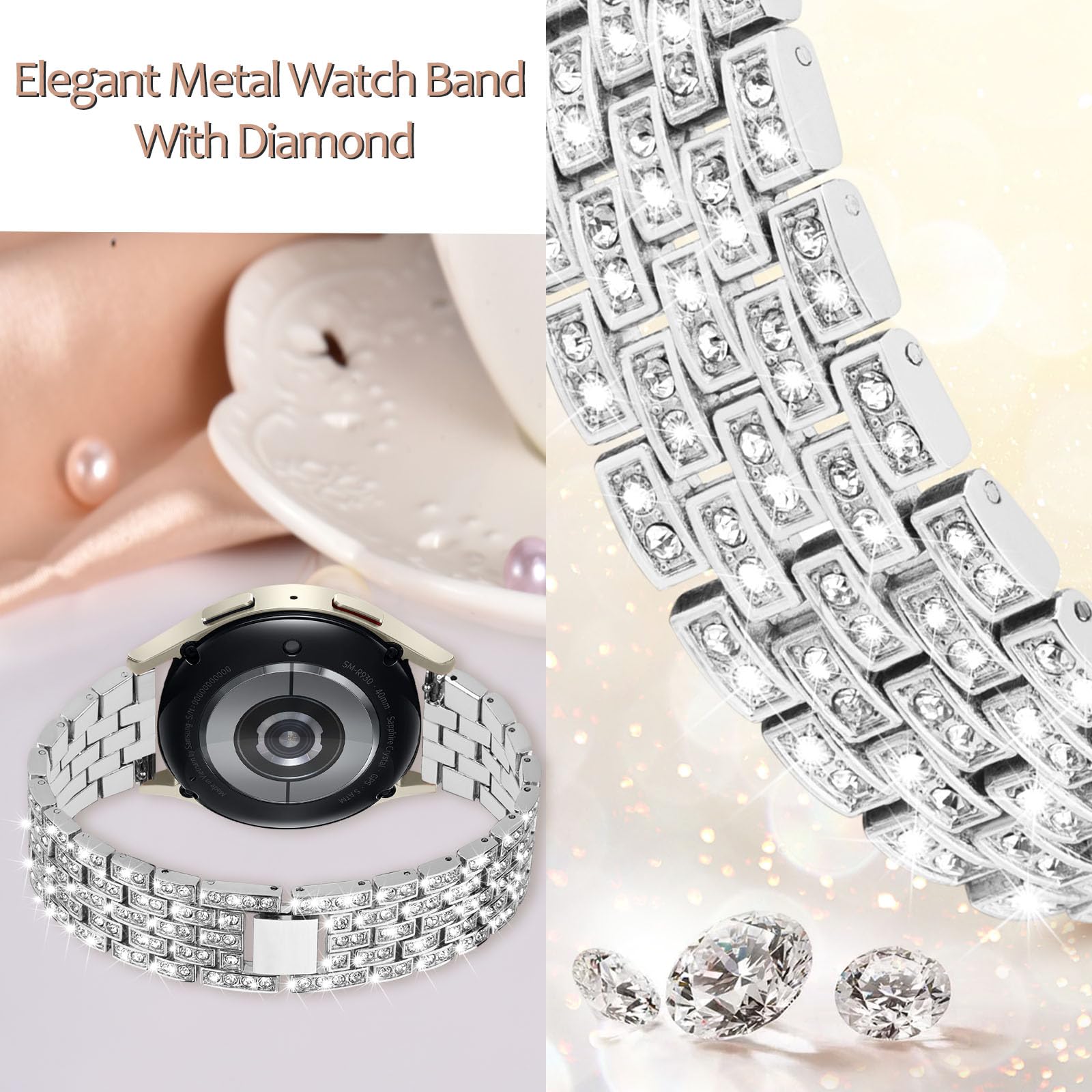 VISOOM 20mm Uhrenarmband kompatibel mit Samsung Galaxy Watch 7/6/5/4/FE Armband 40mm 44mm Damen, Glitzer Strass Bling Diamant Metall Armband für Galaxy Watch 4/6 Classic, Silber
