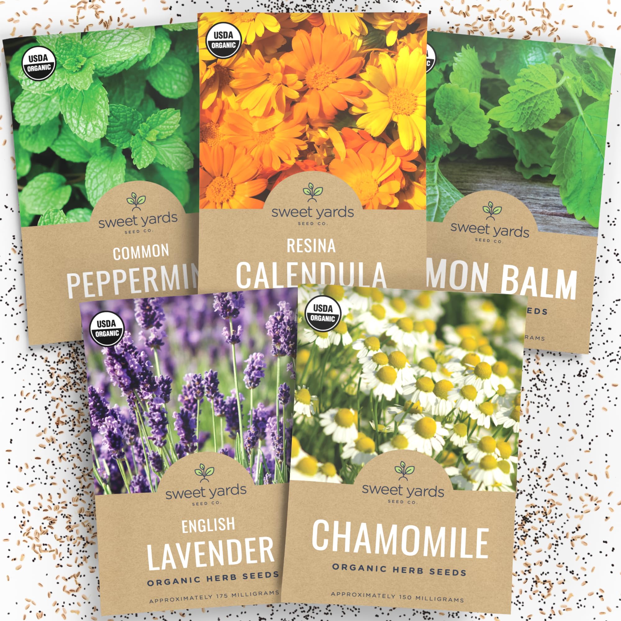Paquete variado de semillas de té de hierbas orgánicas, 5 paquetes individuales, temporada 2025, menta, lavanda, caléndula, manzanilla y bálsamo de limón. para plantar en interiores y exteriores (sin