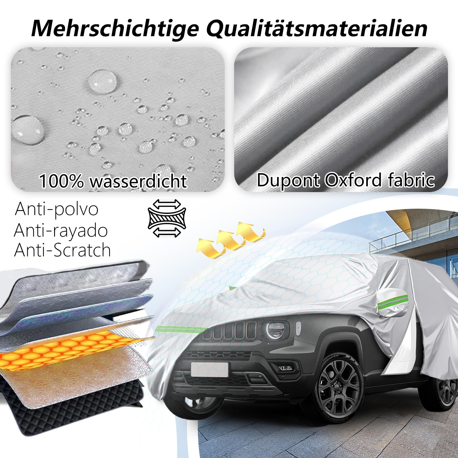 Autoabdeckung für Jeep Renegade(2014-2024), DuPont Oxford Vollgarage für Jeep Renegade, Mit Windschutzbändern, Reißverschlusstür, Auto Abdeckung für Jeep Renegade, Schutz, Schnee, Sonnenstrahlen,Staub