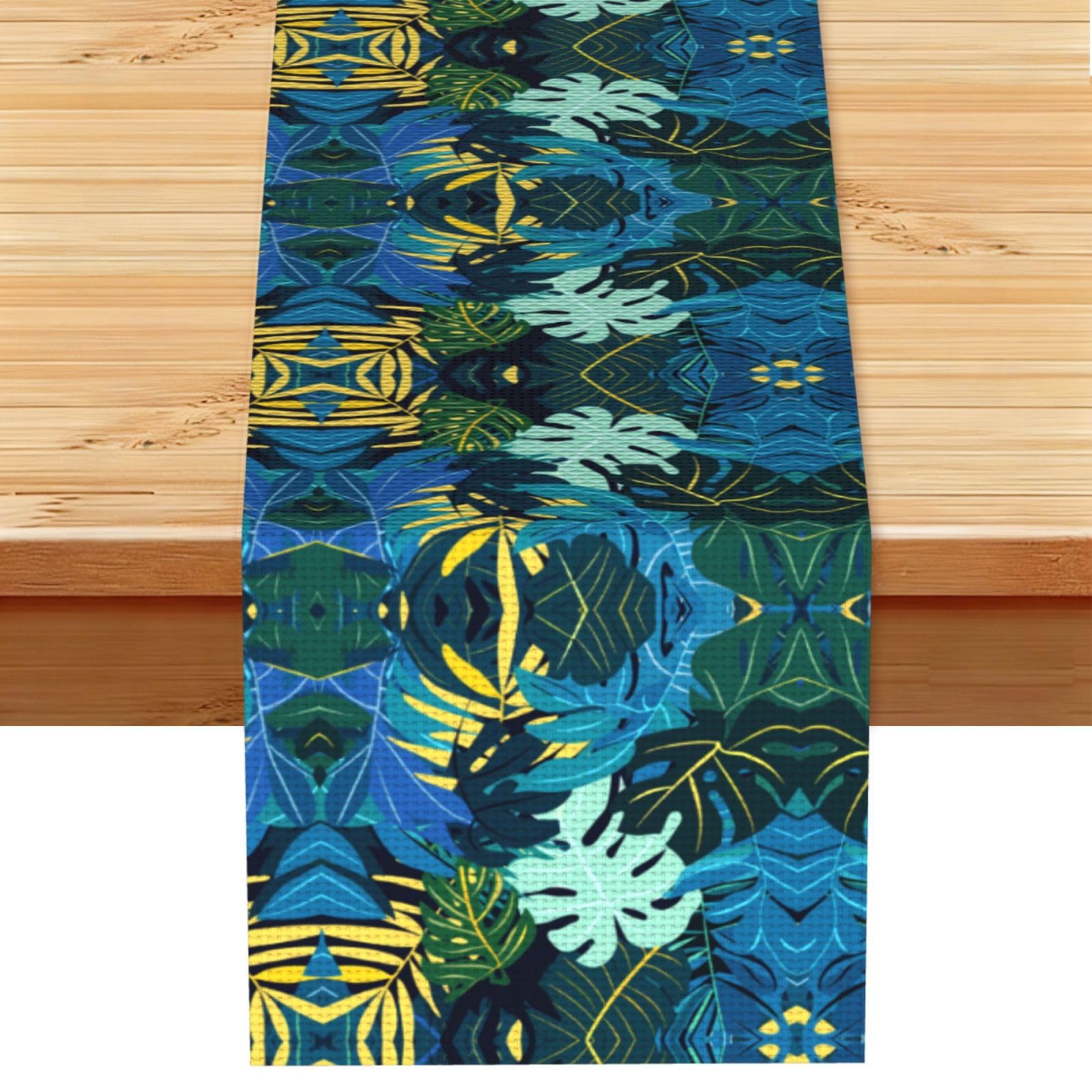 Blue Yellow Tropical Foliage Printed Table Runner 13 x 72, Wrinkle Resistant Decor for Dining Table Coffee Table Fireplace