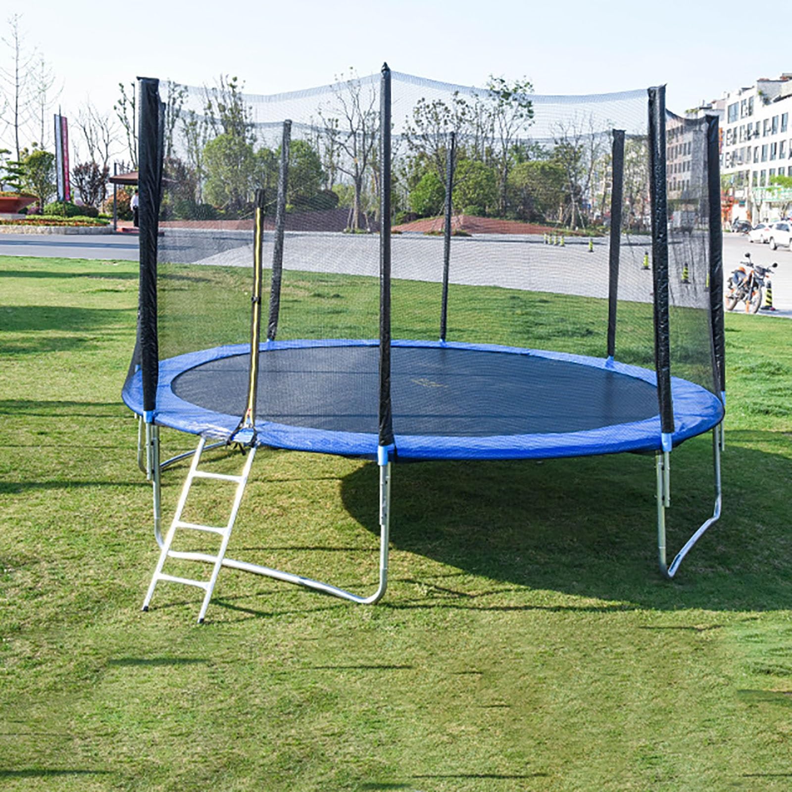 Trampolina o dużej wytrzymałości z siatką zabezpieczającą i drabiną, stabilny sprzęt do rekreacji na świeżym powietrzu, do rodzinnej zabawy i rozrywki na podwórku, trwała mata do skakania