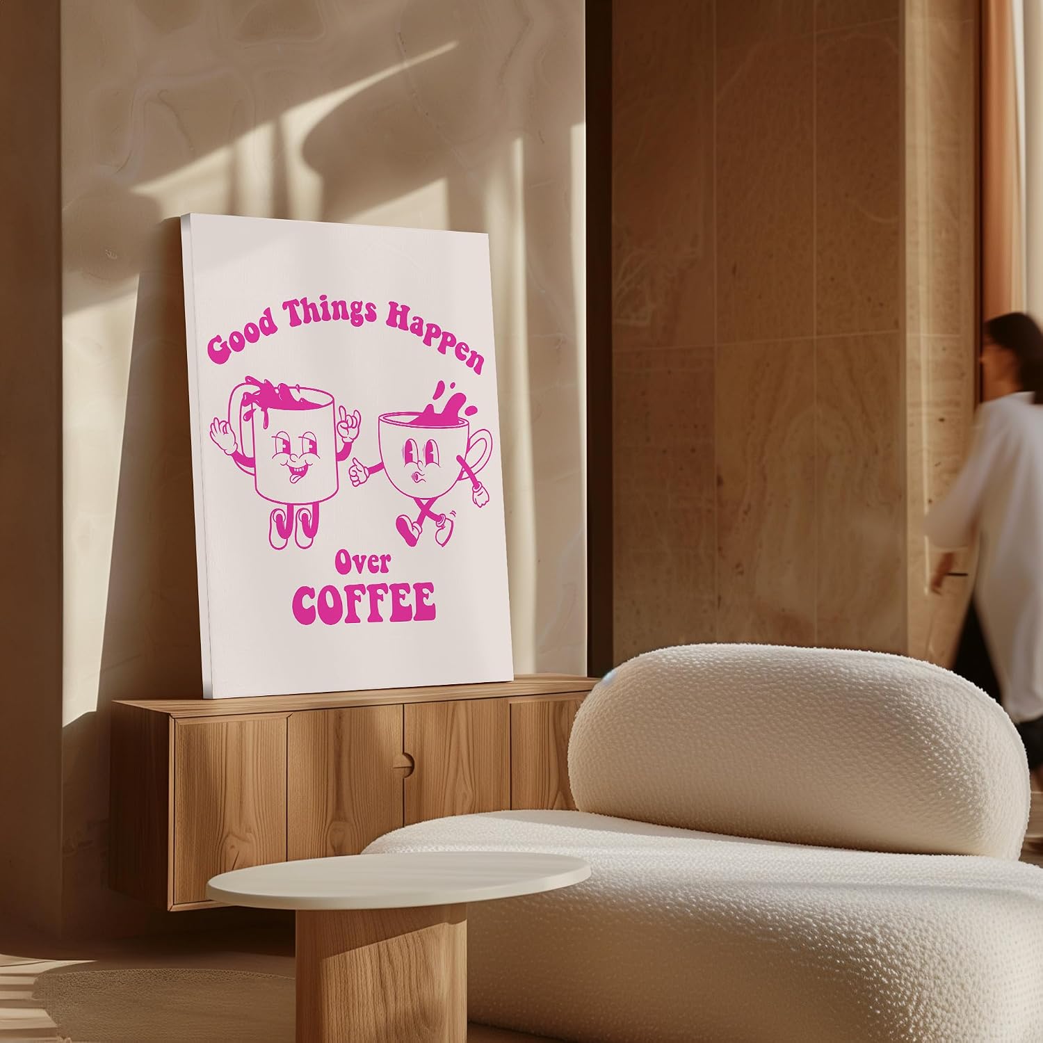 Poster Master Good Things Happen Over Coffee Canvas - Retro Cafe Print - Positive Quotes Art - Pink Preppy Wall Design - Trendy Art - Kitchen or Coffee Shop Wall Decor - 8x10 STRETCHED Canvas