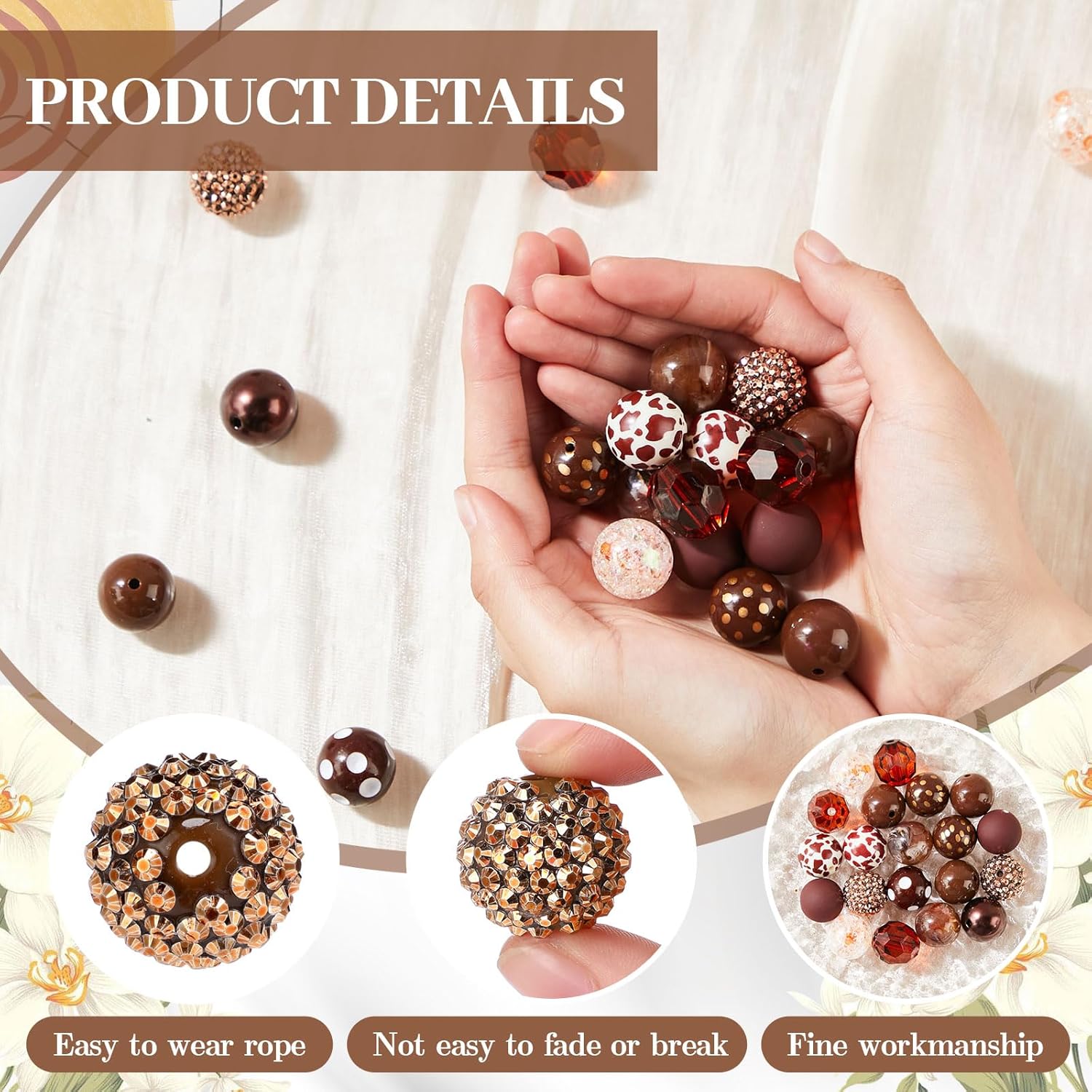 20 Pcs Chunky Bubblegum Beads 20mm Focal Pen Large Rhinestone Pearl Beads for DIY Beadable Pen School Jewelry Making Keychain Craft Making(Brown) - Image 3