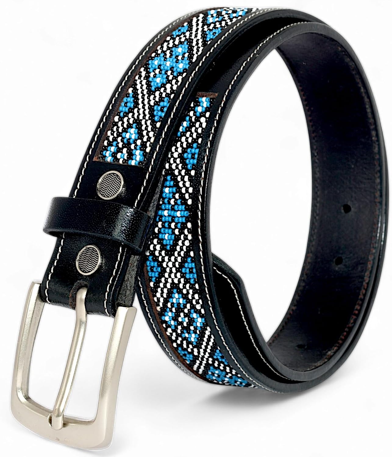 Bead Belt For Men, Leather Durable Western Belt, Black Leather Cowboy Belt.