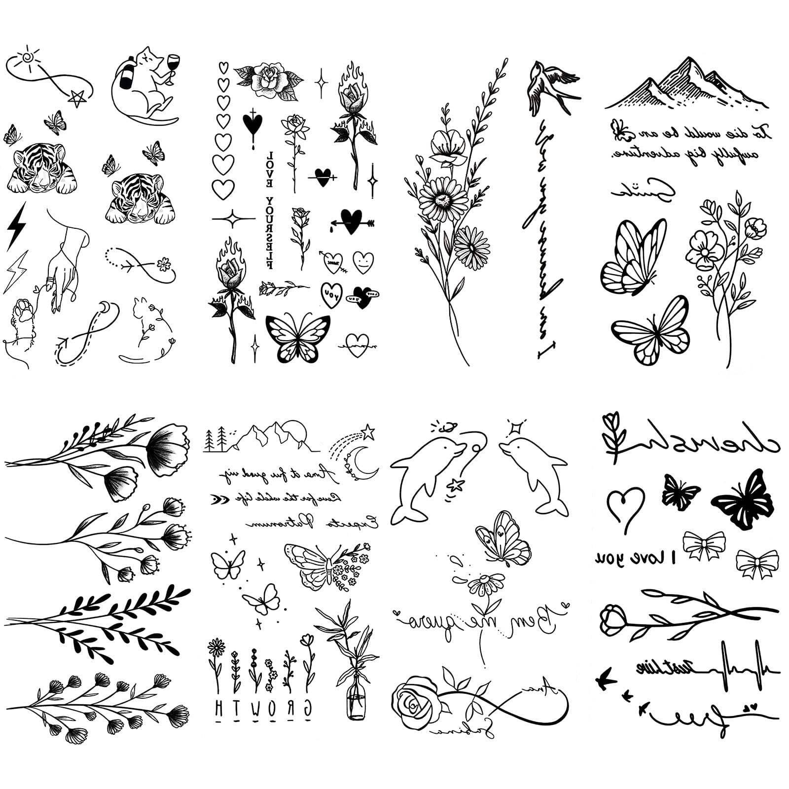 8 Sheets Realistic Temporary Tattoos for Adults, Minimalist Fresh Series Tattoo Stickers for Women, Waterproof White & Black Mixed Styles Tatuajes