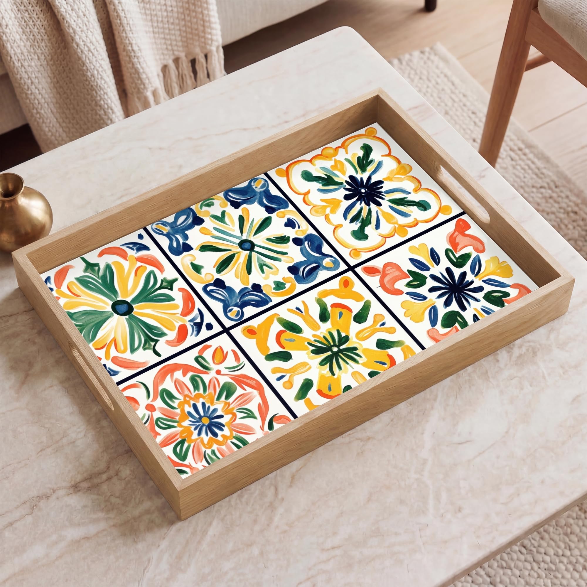 Serviertablett Rechteckig 50x35 cm Servierplatte Eiche Holz Tablett Mit Henkel Tray Kratzfest Kaffeetablett Tabletts Teetablett Spanisch - Kacheln - Keramik - Blumen