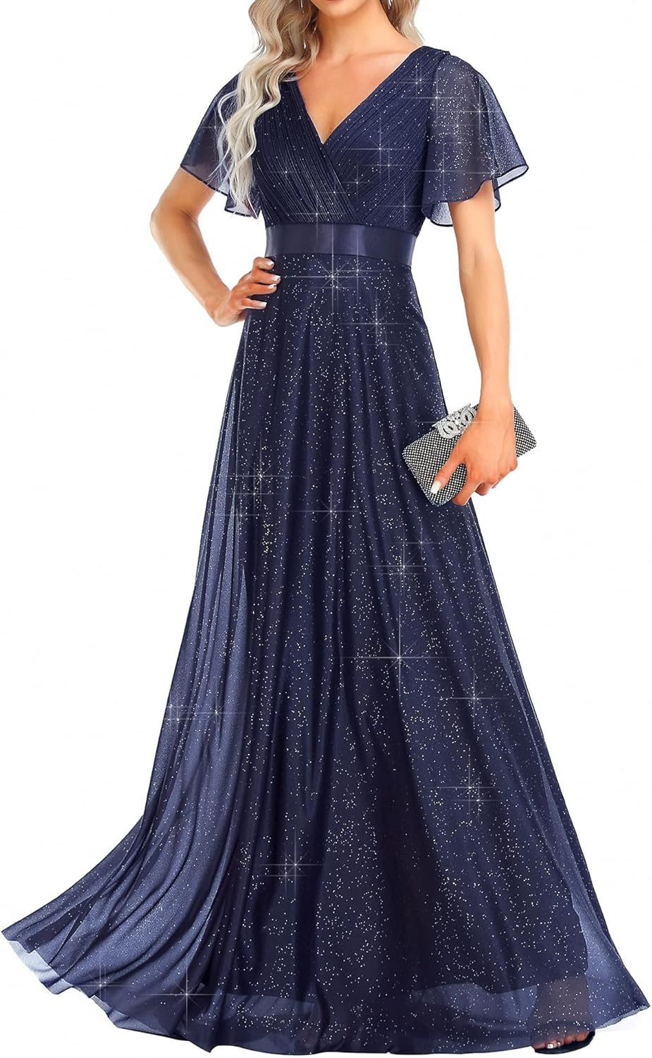 Ever-Pretty Women's Evening Gowns V Neck Ruched Short Sleeves A-line Glitter Formal Dresses