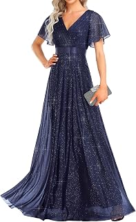 Ever-Pretty Women's Glitter V-Neck Ruched Short Sleeve A-Line Evening Gown Formal Dress