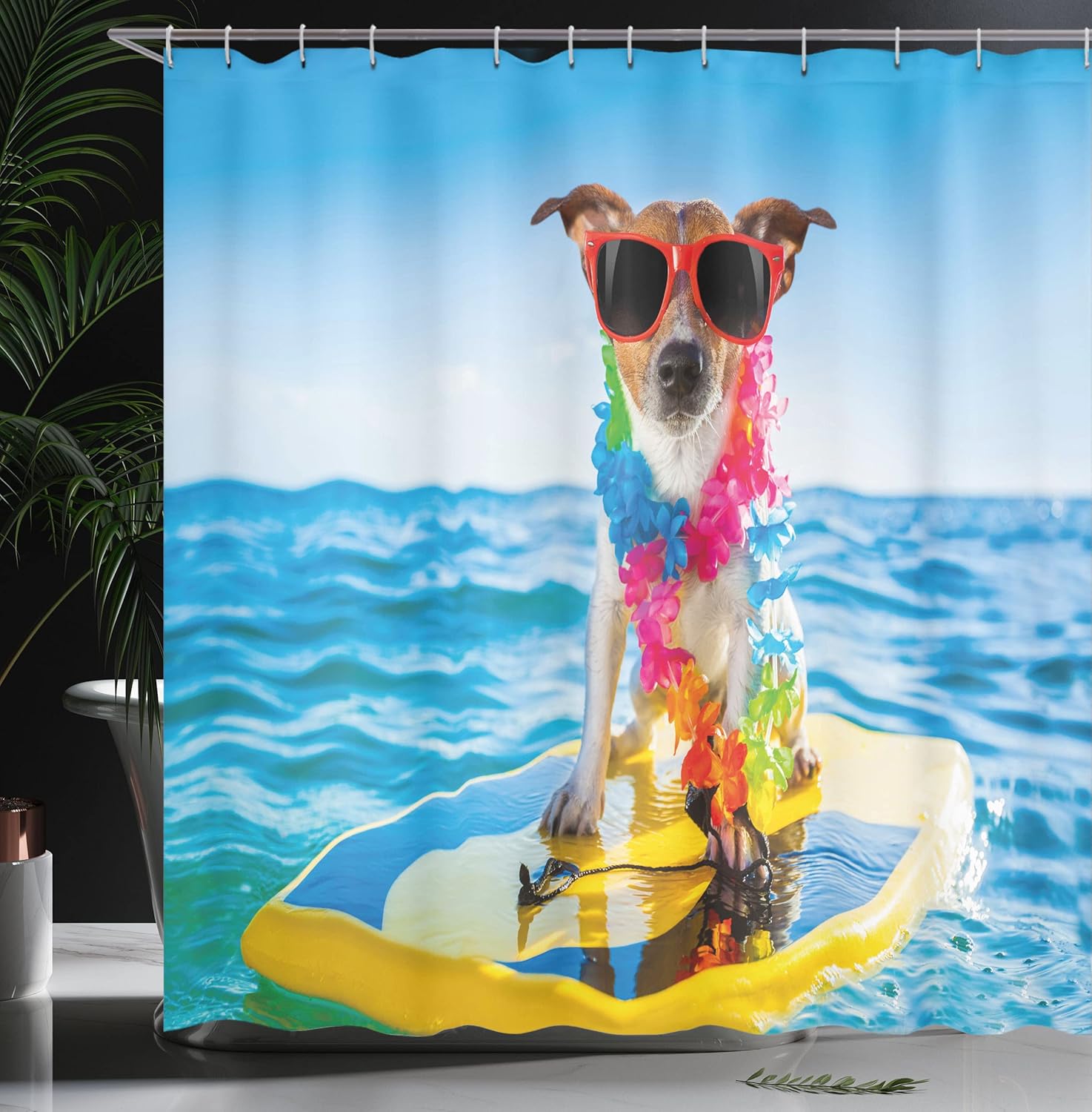 Ambesonne Ride The Wave Shower Curtain, Dog in The Ocean Surfing Cool Puppy Swimming Comic Coastal Animal Picture, Cloth Fabric Bathroom Decor Set with Hooks, 69" W x 70" L, Blue Yellow