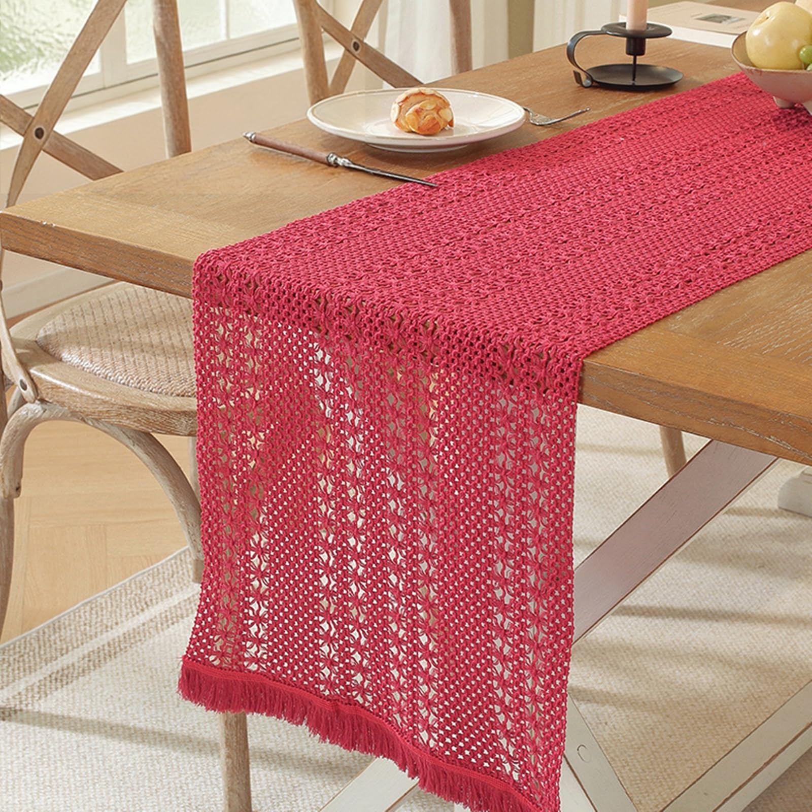Chemin de Table Champetre 36x300cm, Décoration de Table Salle à Manger Tissage Rouge Uni avec Pompons
