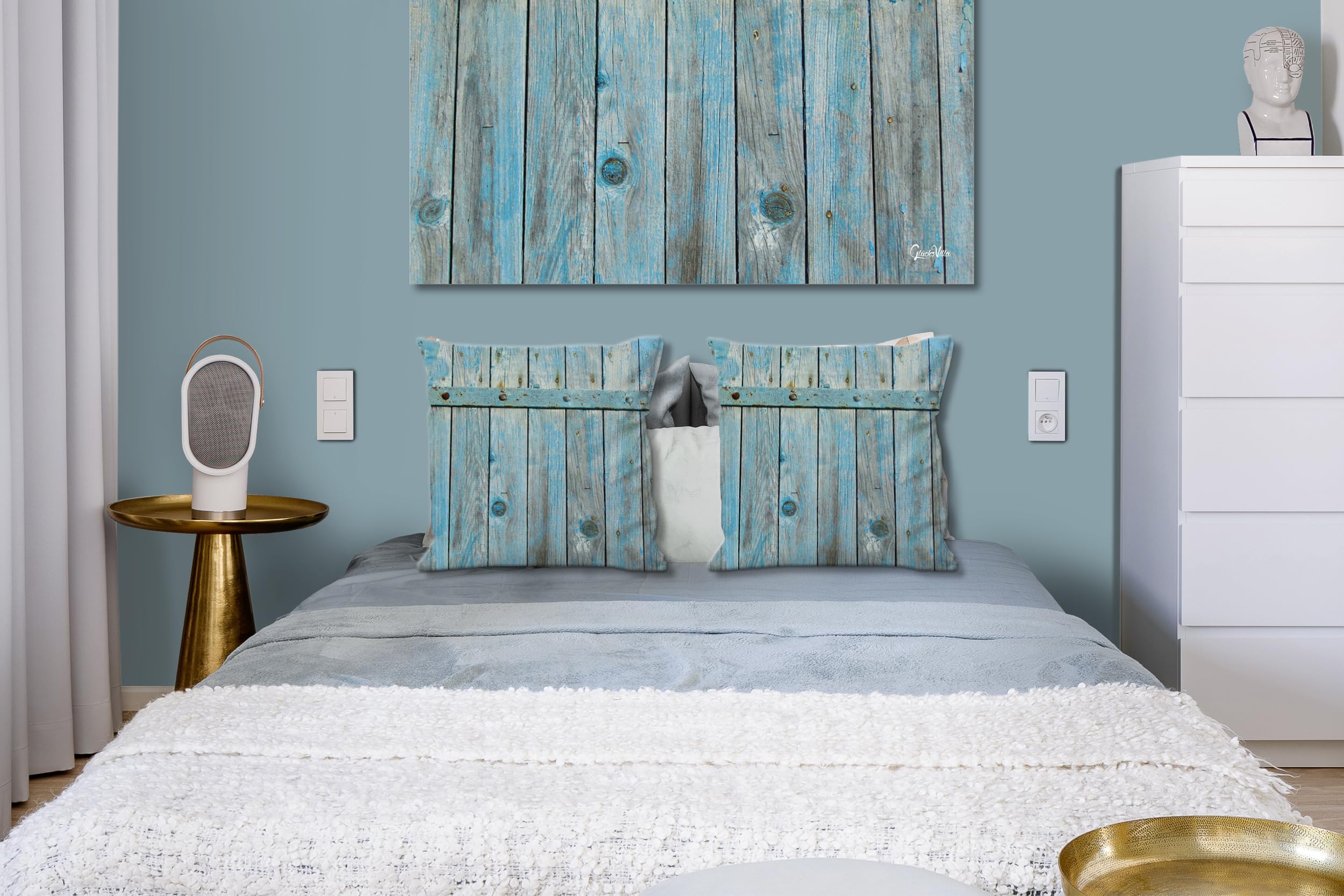 Hinter der Tür - Foto-Kissen-Hülle Set (2 STK.) 40 x 40 cm | Kissen-Bezüge - passend zu Wandbild - Deko-Kissen - Holz Tür Struktur blau