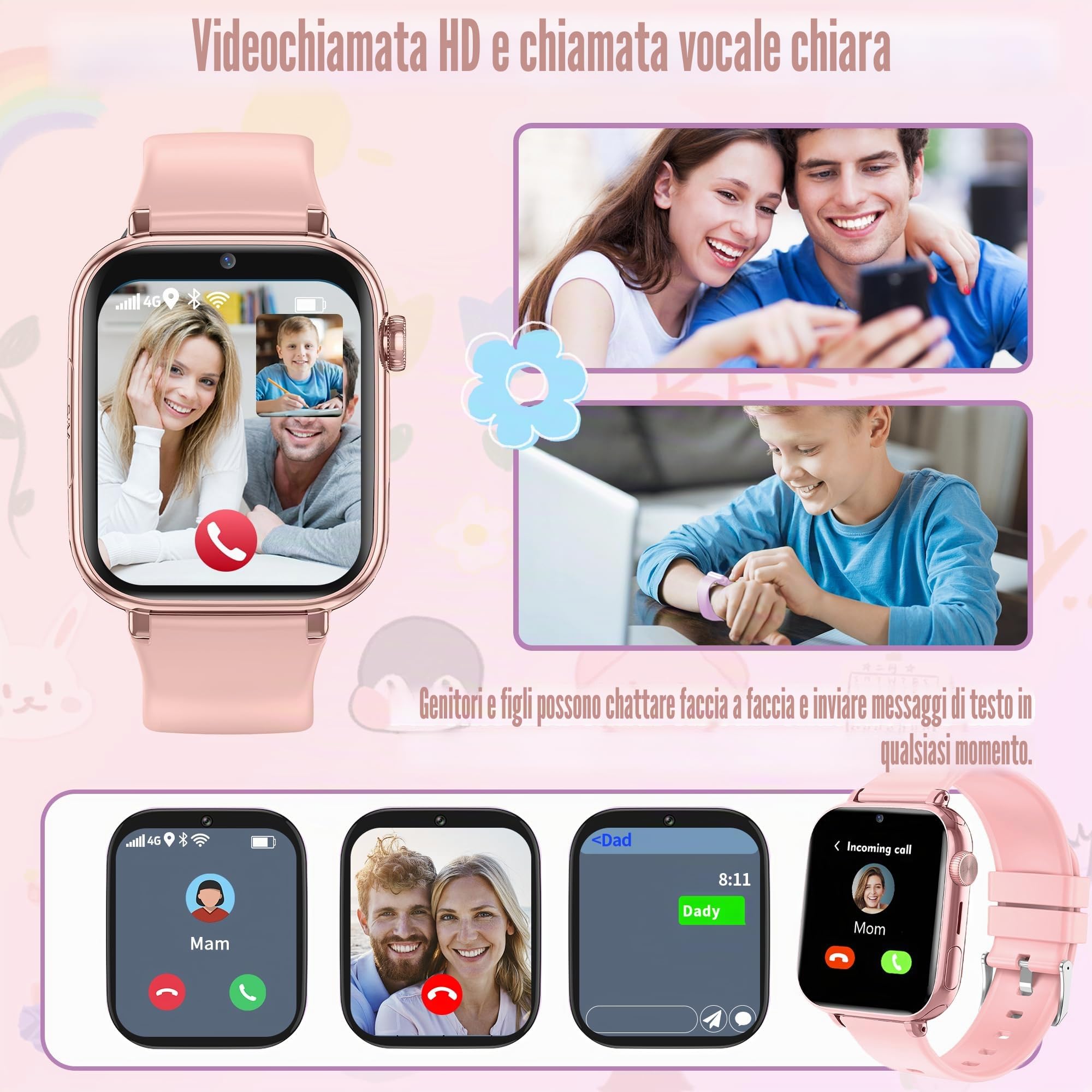 Smartwatch Bambini 4G GPS Videochiamate SOS Voce Chat Fotocamera Regali | posizione in tempo reale, chat familiare, modalità scuola, telefono, giochi, ip68, sveglia, compleanno ragazza ragazzo