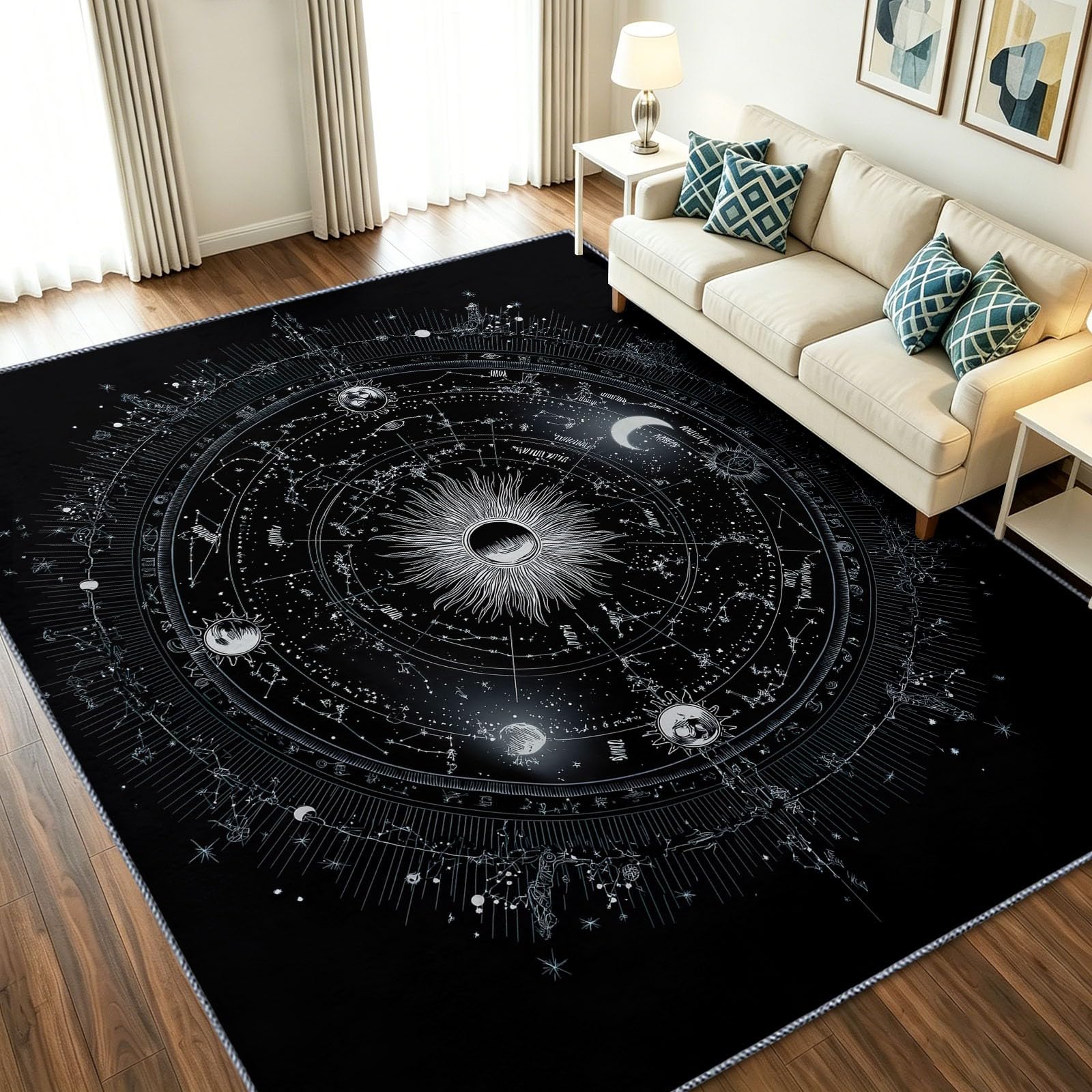 Tapis de salon noir pour chambre à coucher au motif soleil vintage