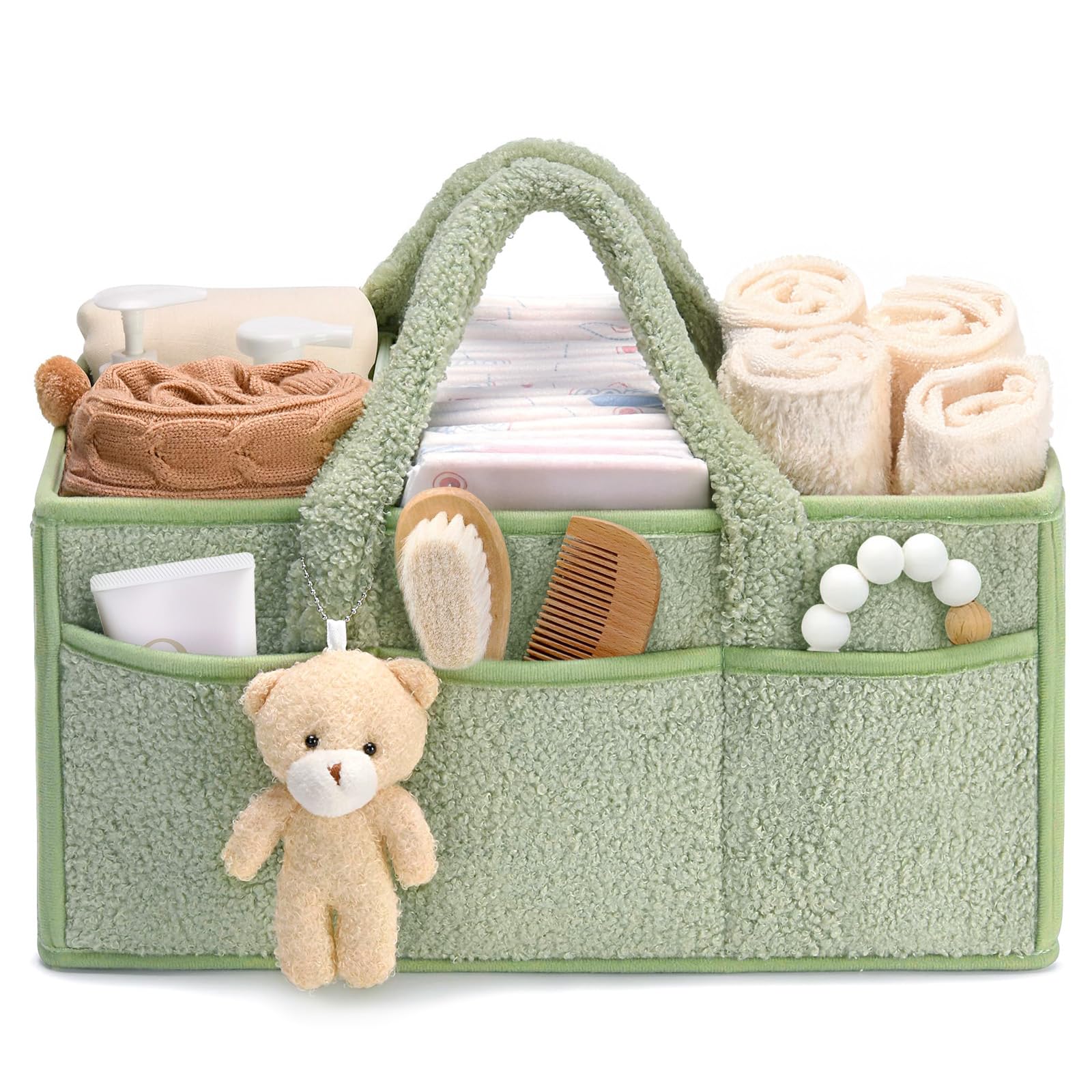 Tuocal Wickeltisch Organizer, Baby Windel Caddy Organizer Korb mit Fächern & Griffen, Tragbarer Baby Aufbewahrungskorb für Windeln und Feuchttüche, Geschenk für Babyparty, Grün
