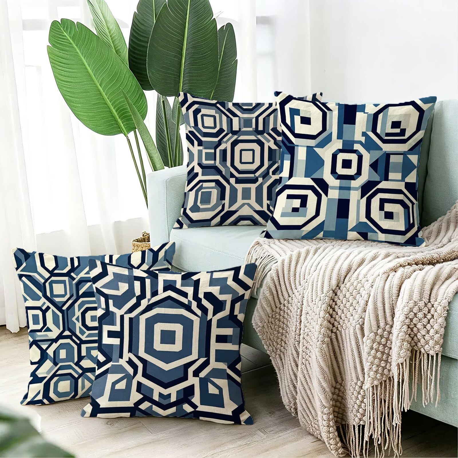 Blu Federe Cuscini Divano 60x60cm, Cuscini da Esterno Set de 4, Cod-136 | Velour Copricuscini Decorativi Letto Arredo, per Letto, Soggiorno, Giardino, Esterno, Casa Decorazione Set di 4 Geometria