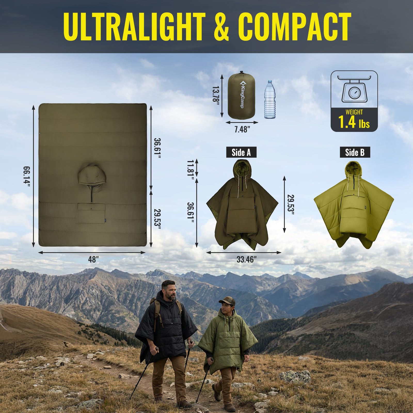 KingCamp Poncho con cappuccio ultraleggero per l'acqua, coperta calda per campeggio, poncho ultraleggero compatto, sacco a pelo, verde
