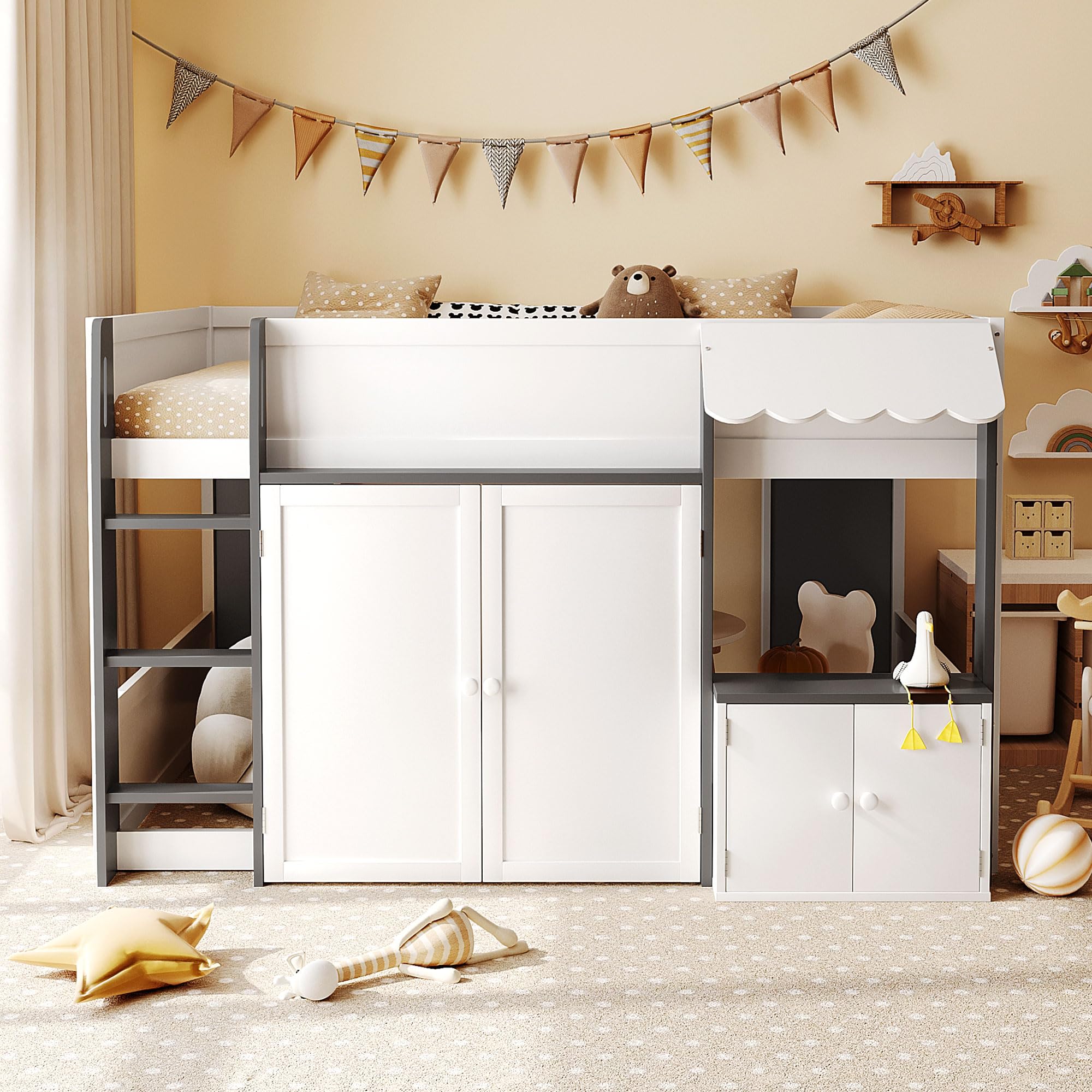 Full House Loft Bed with Playhouse &amp; Storage, Modern Wood Cabin Bed for Kids/Teens (White+Gray)