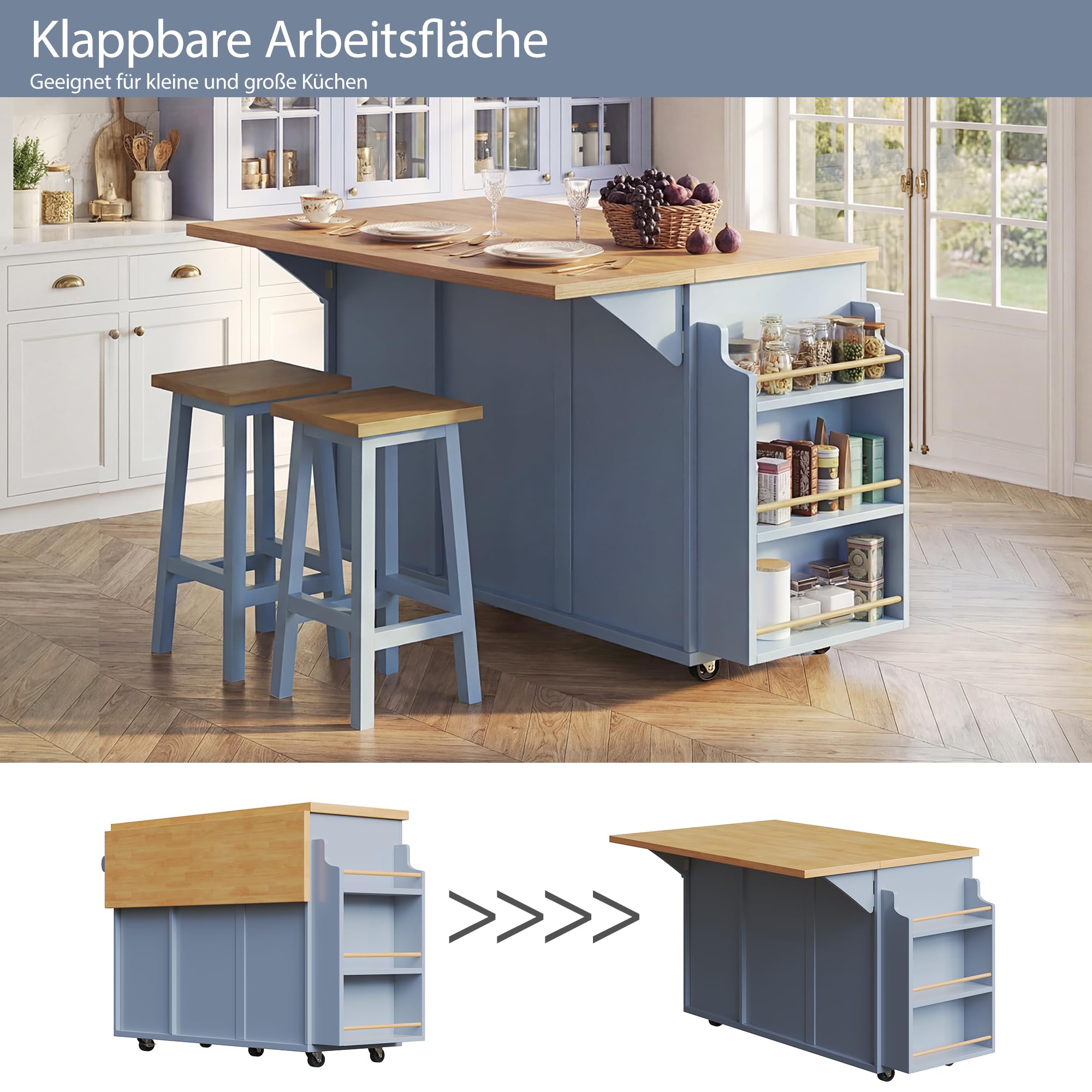 Isola da cucina mobile, carrello da cucina, tavolo da pranzo estensibile, armadietto da cucina con cassetti, cestino per vino rimovibile, scaffale laterale per snack, pattumiera, 143 x 75