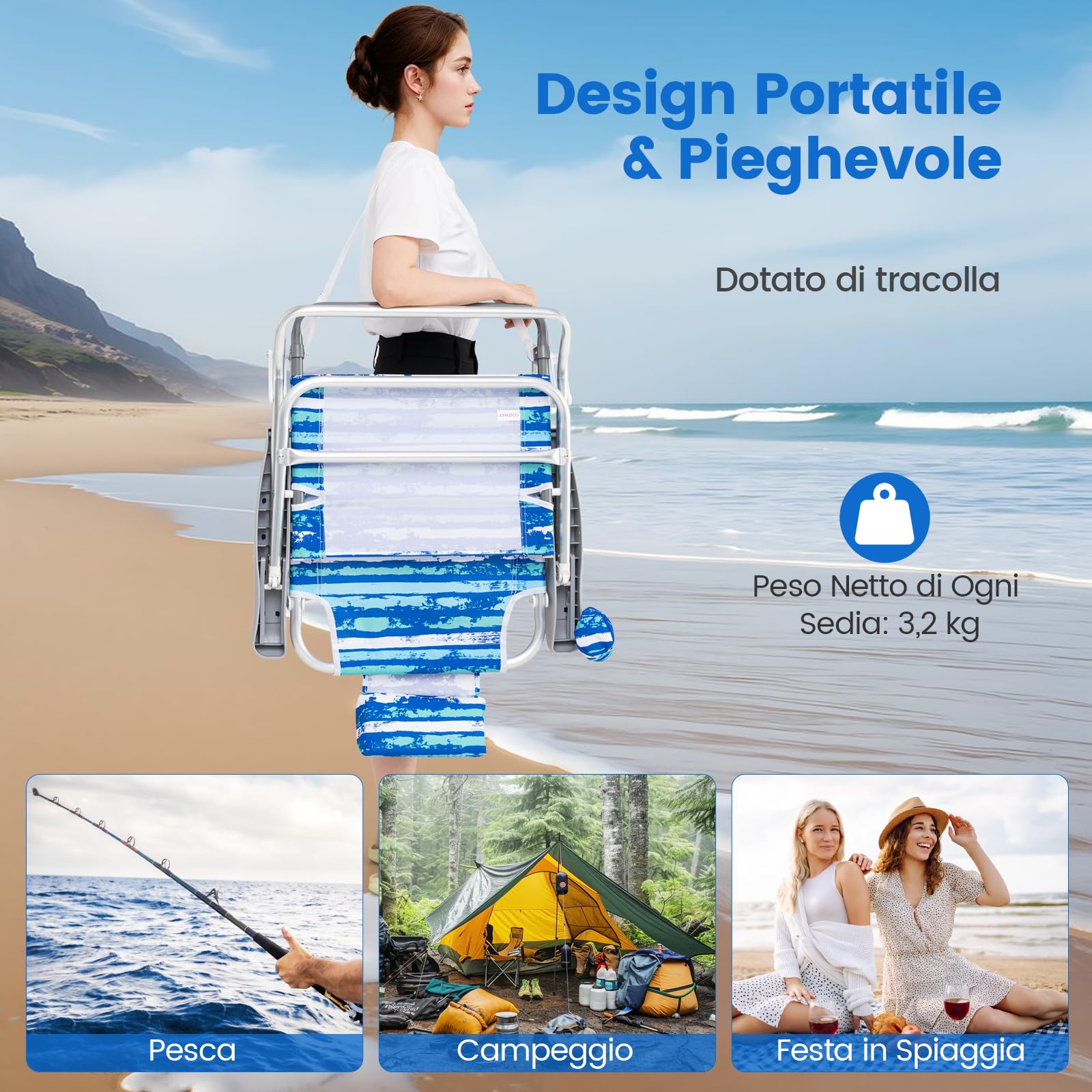 COSTWAY Set di 2 Sedie Pieghevoli da Spiaggia, Sdraio Regolabile 5 Posizioni, Portata 150 kg Blu