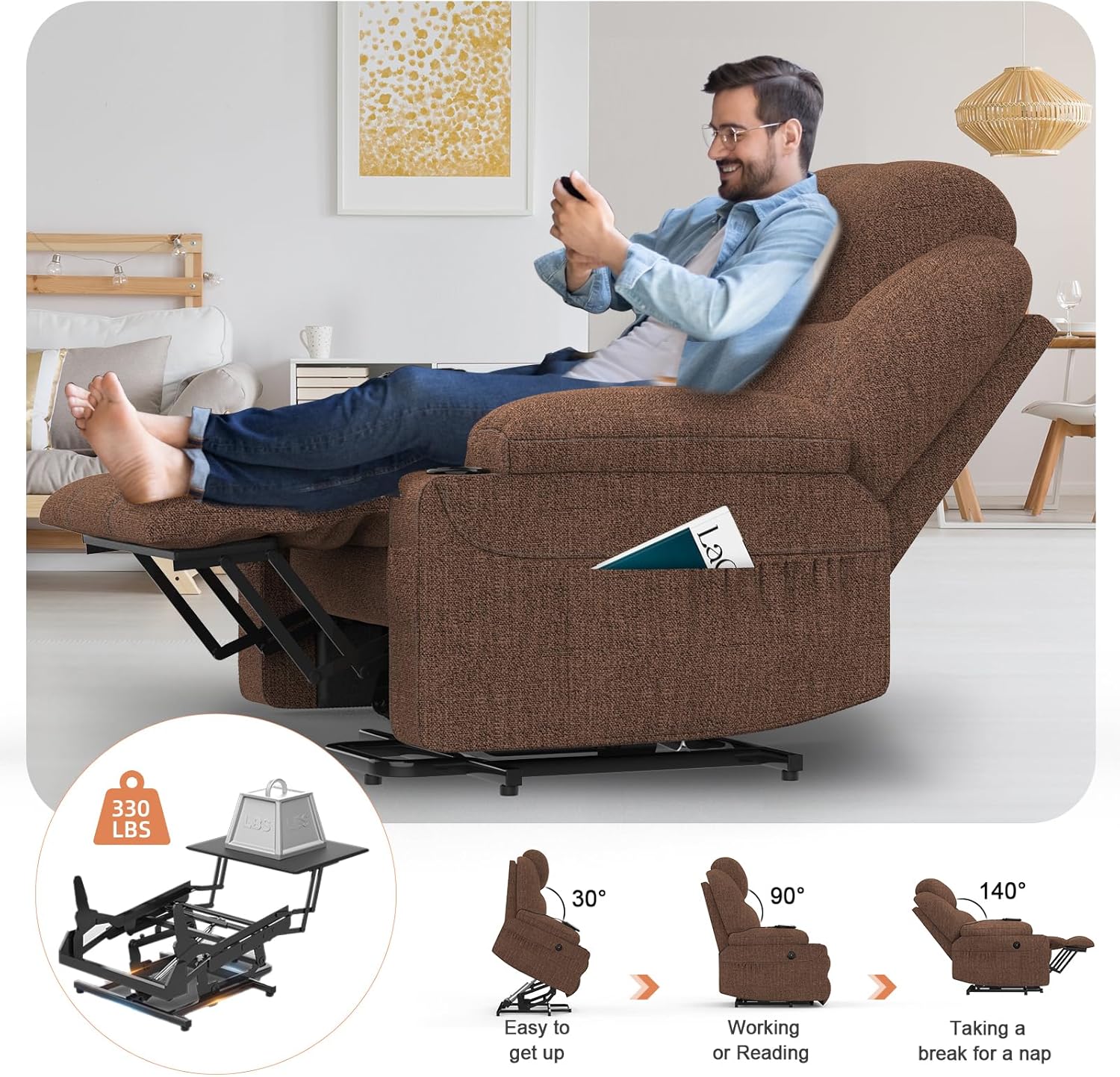 Diagram showing the YONISEE lift recliner chair in three positions: 30 degrees for easy get up, 90 degrees for working or reading, and 140 degrees for taking a break or nap. Also shows a weight capacity of 330 lbs.