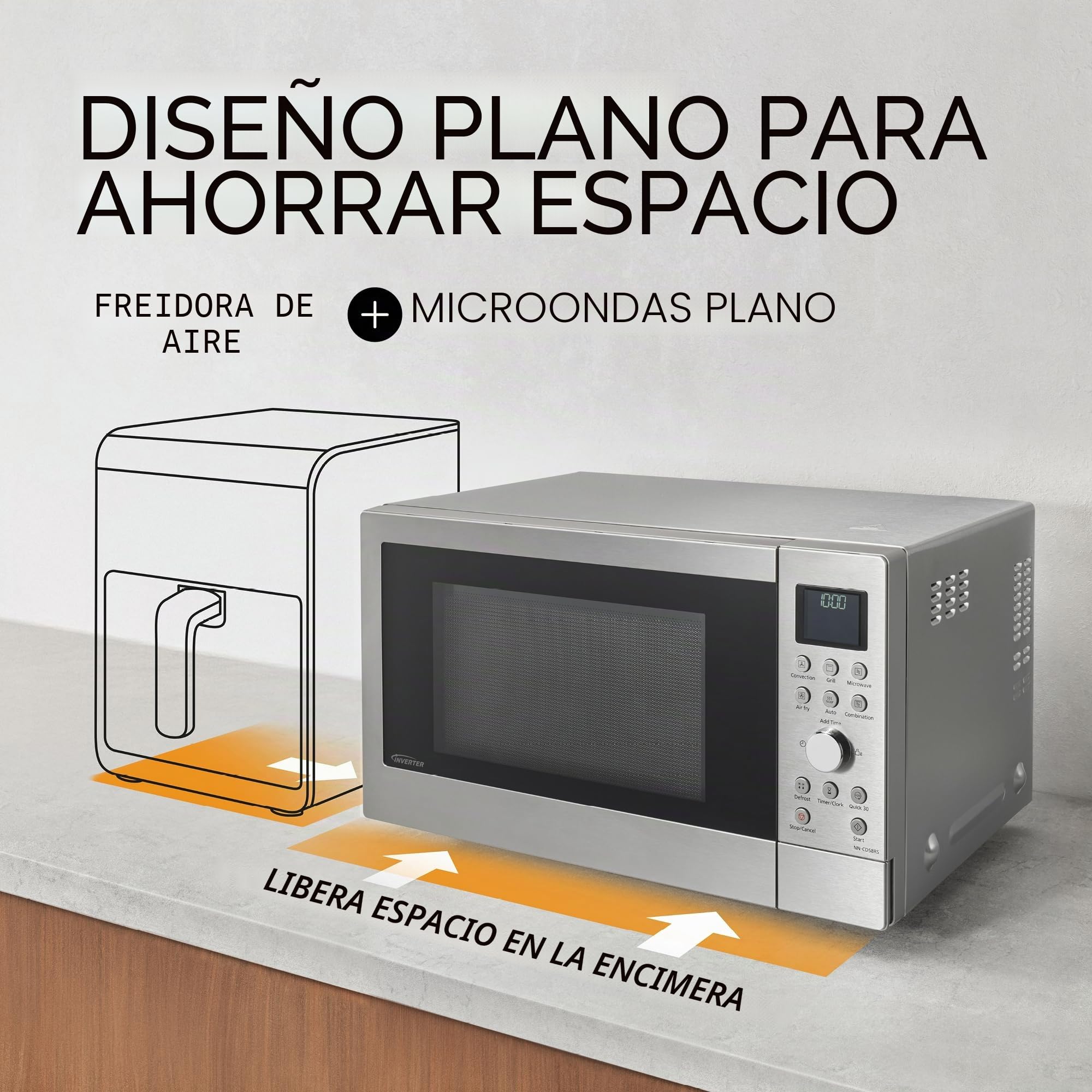 Panasonic NN-CD58RSEPG Horno Microondas Combinado 4 en 1 de 27 L con Freidora De Aire, Inverter de 1000 W, Grill de 1300 W, Convección, 19 Programas Automáticos, Acero iInoxidable