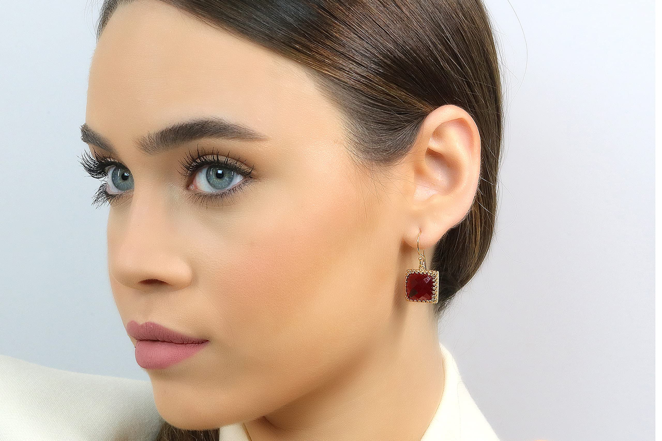 Pendientes Granate Hechos a Mano - Pendientes Cuadrados Piedra de Nacimiento para Mujeres - Joyas Moda, Joyas Regalo, Joyas Personalizadas - Pendientes para Boda, Fiestas, Ropa Casual - con Caja Joyas
