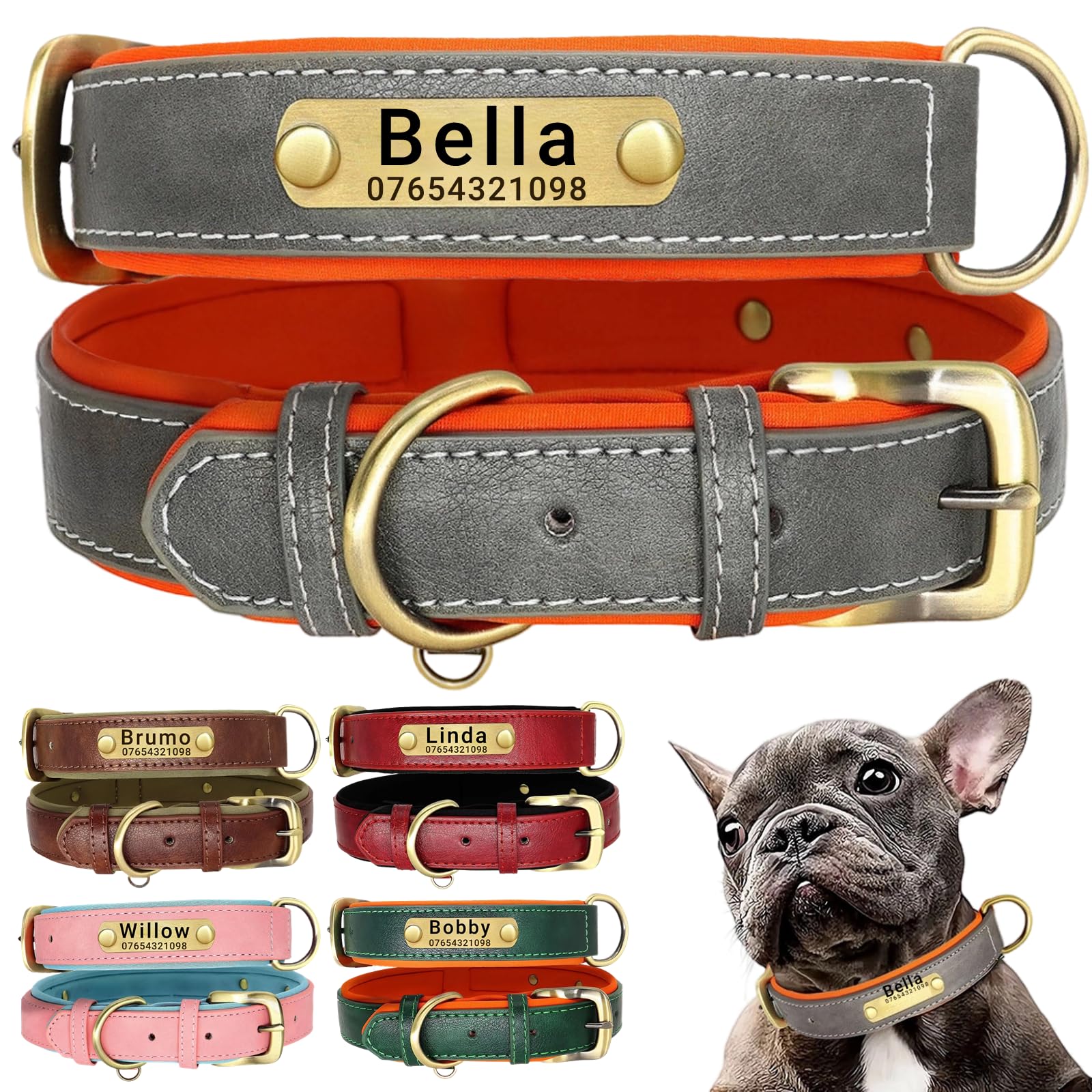 SEOUGEE Genuine Leather Dog Collar Personalised, Soft Padded Leather Dog Collars Heavy Duty with Custom Engraved Name Plate Adjustable for Small Medium Large Dogs (XL, Grey 42-55cm) — image 1