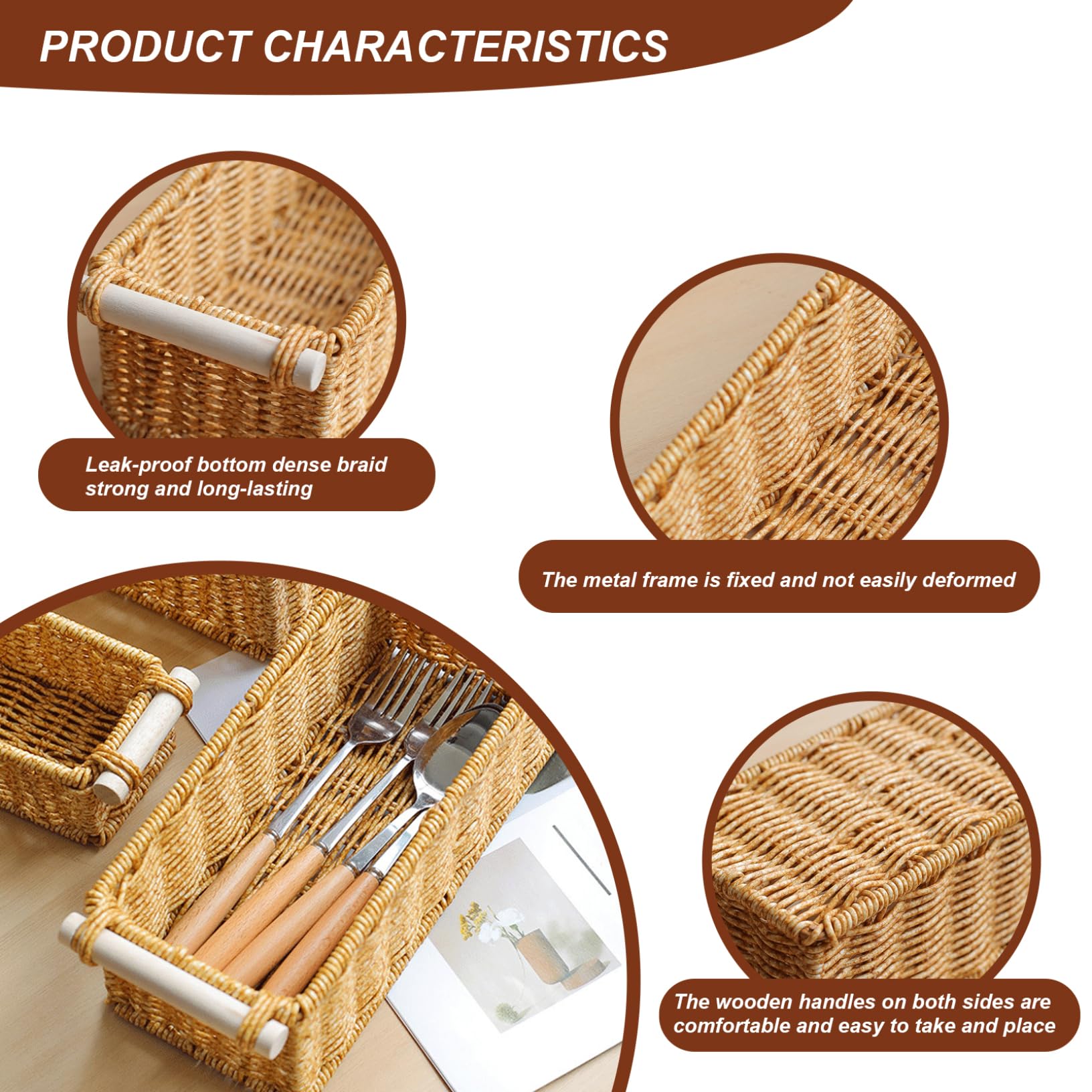Cesta de almacenamiento de mimbre, cesta de mimbre de plástico de 2 pcs con mango de madera, organizador de almacenamiento fácil de limpiar para la sala de estar de baño de cocina, escritorio de dorm
