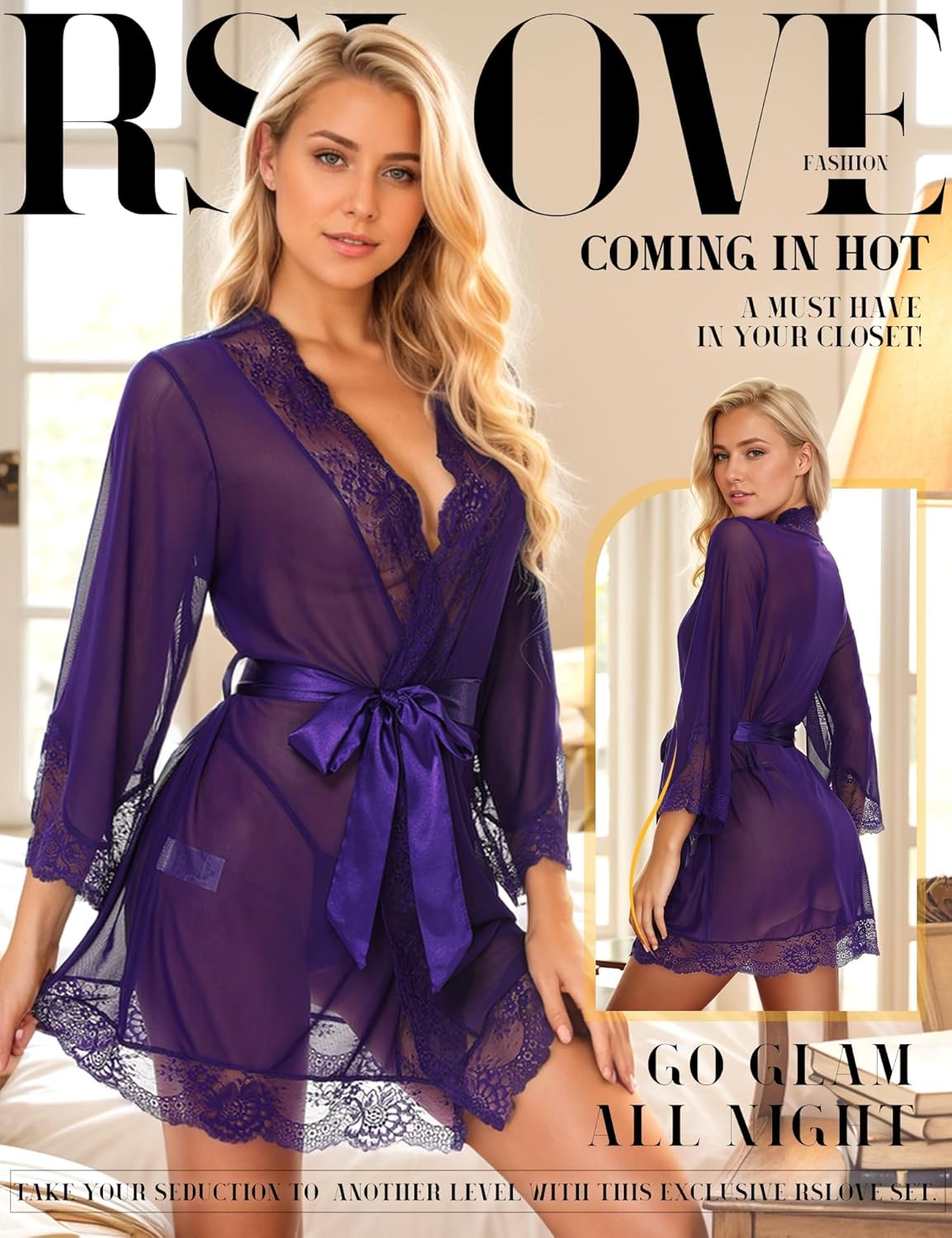 RSLOVE Women Lace Kimono Robe Babydoll Chemise Lingerie Bride Robe for Wedding Party - Image 2