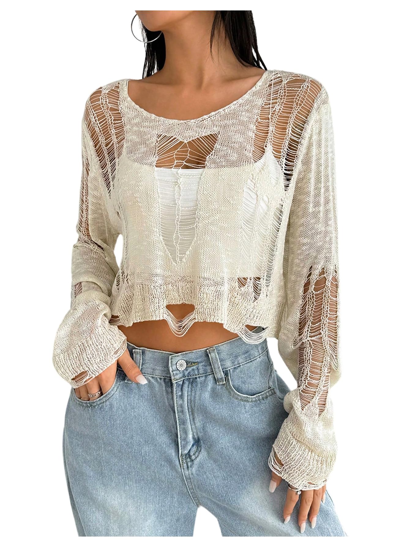 WDIRARA Womens Ripped Distressed Knit Top Long Sleeve Hollow Out Crochet Crop Top Goth Y2K Grunge Punk Halloween