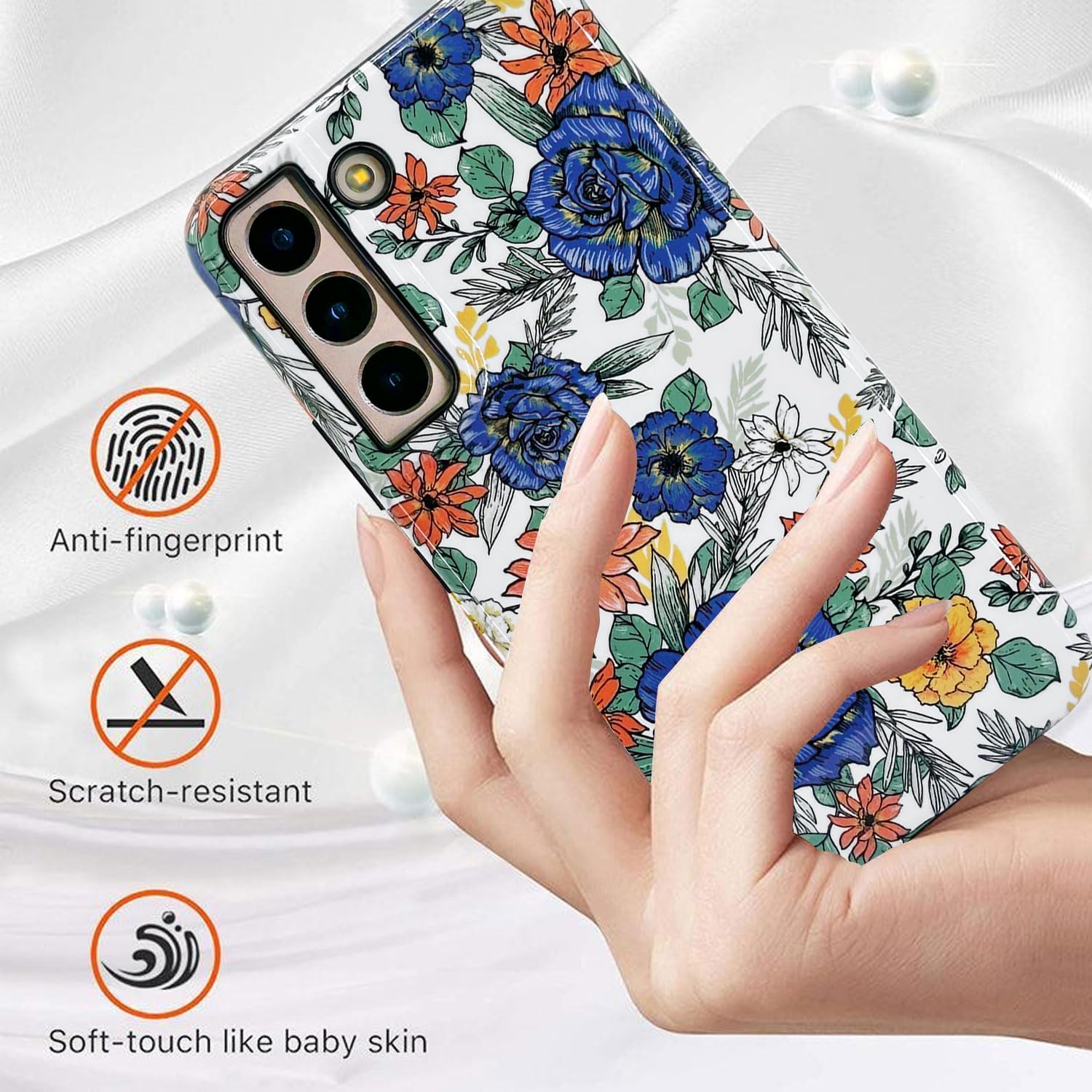 J.west for Galaxy S21 Case 5G 6.2 inch Slim Dual-Layer Protective Design Phone Cases Vintage Floral Print Hybrid Shockproof Bumper Anti-Scratch Cover for Girls Women Blue Roses - Image 4