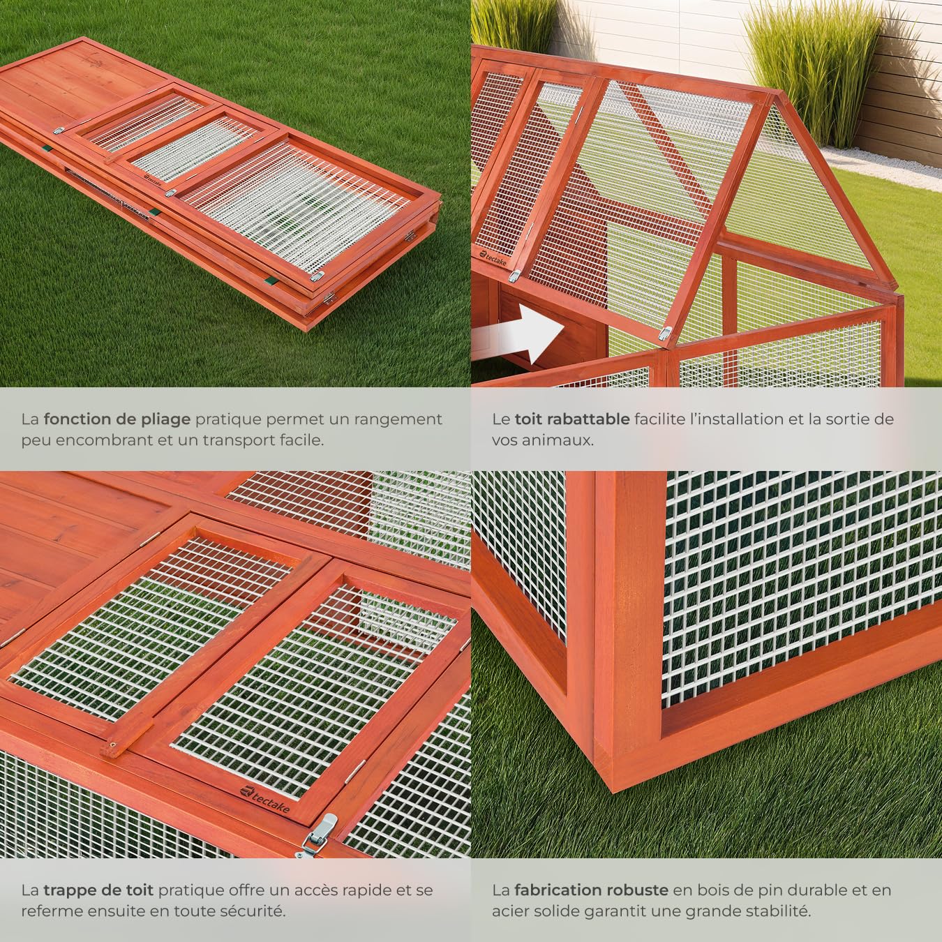 tectake® Clapier Pliable pour rongeurs, Toit ouvrant, 150 x 103 x 53 cm, Cage Lapin, Cage Hamster, Cochon d'Inde, Enclos Lapin en Bois, Aucun Montage requis, Clapier Lapin Exterieur, Enclos Hamster