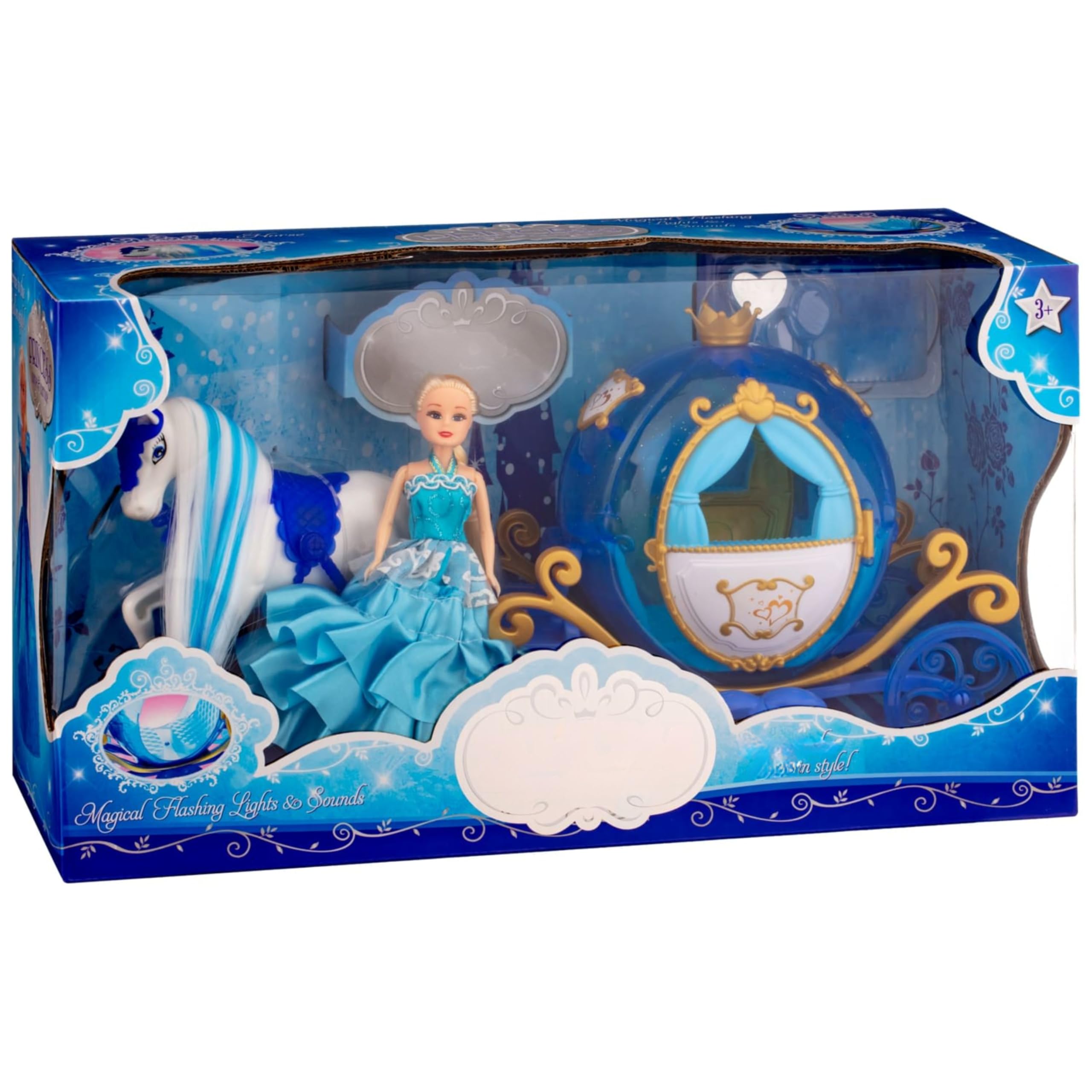 rightclick Princess Horse & Carriage Doll Playset – Flashing Lights & Sound, 1 Doll Included, Magical Dress-Up Toy, Imaginative Role-Play Toy, Gift-Ready