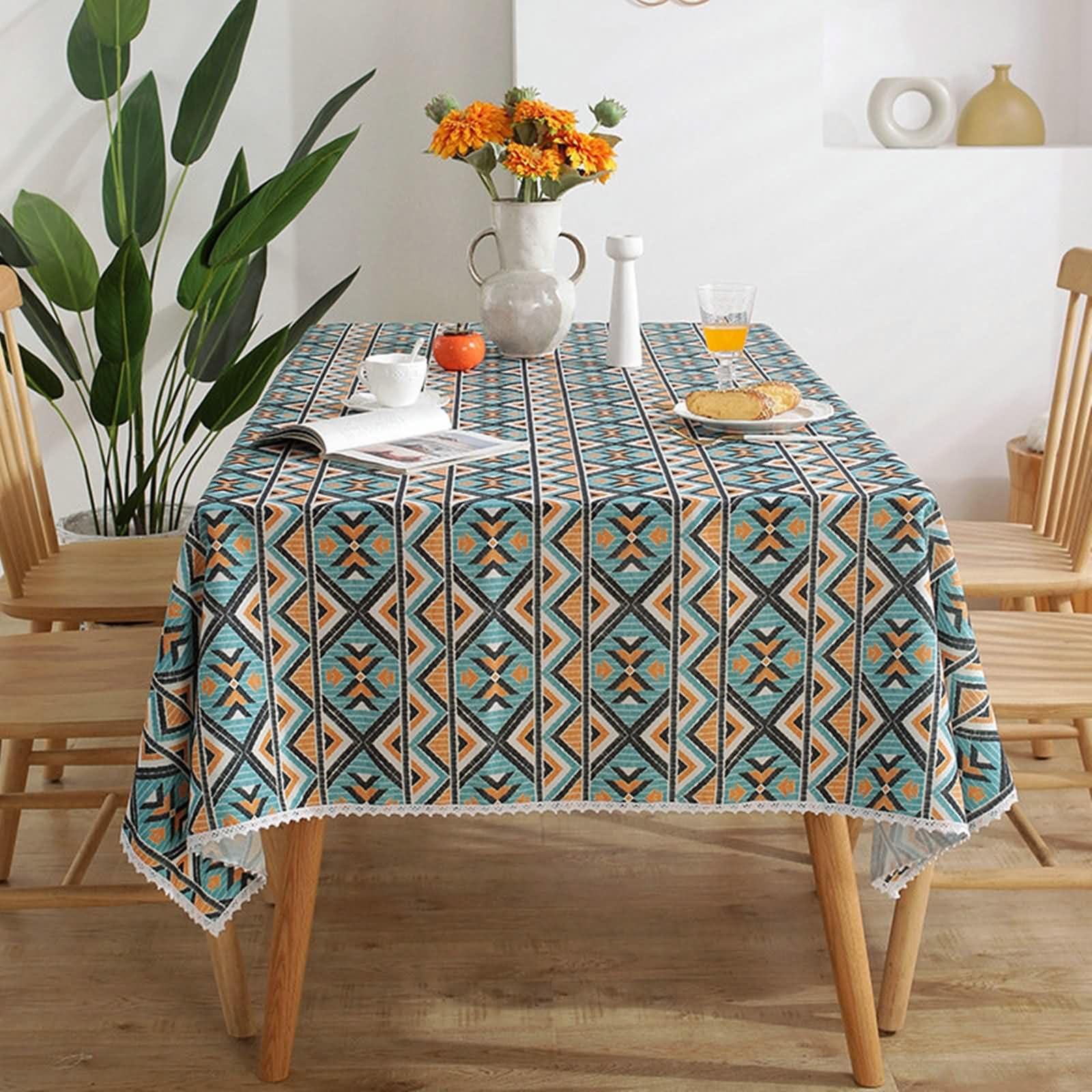 Mantel Rectangular Azul Naranja Lavable, Patrón de Geométrico Vintage con Encaje, de Poliéster Fácil de Limpiar, 140 x 260 cm, Mantel para Mesa de Centro