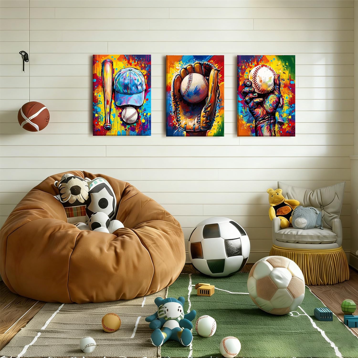 EEYNAQQ 3 Pcs Baseball Canvas Wall Art Cool Sports Theme Pictures Wall Decor 12x16 Inch Framed Colorful Graffiti Style Painting Posters Prints Artwork for Boys Teen Kids Room Playroom Bedroom