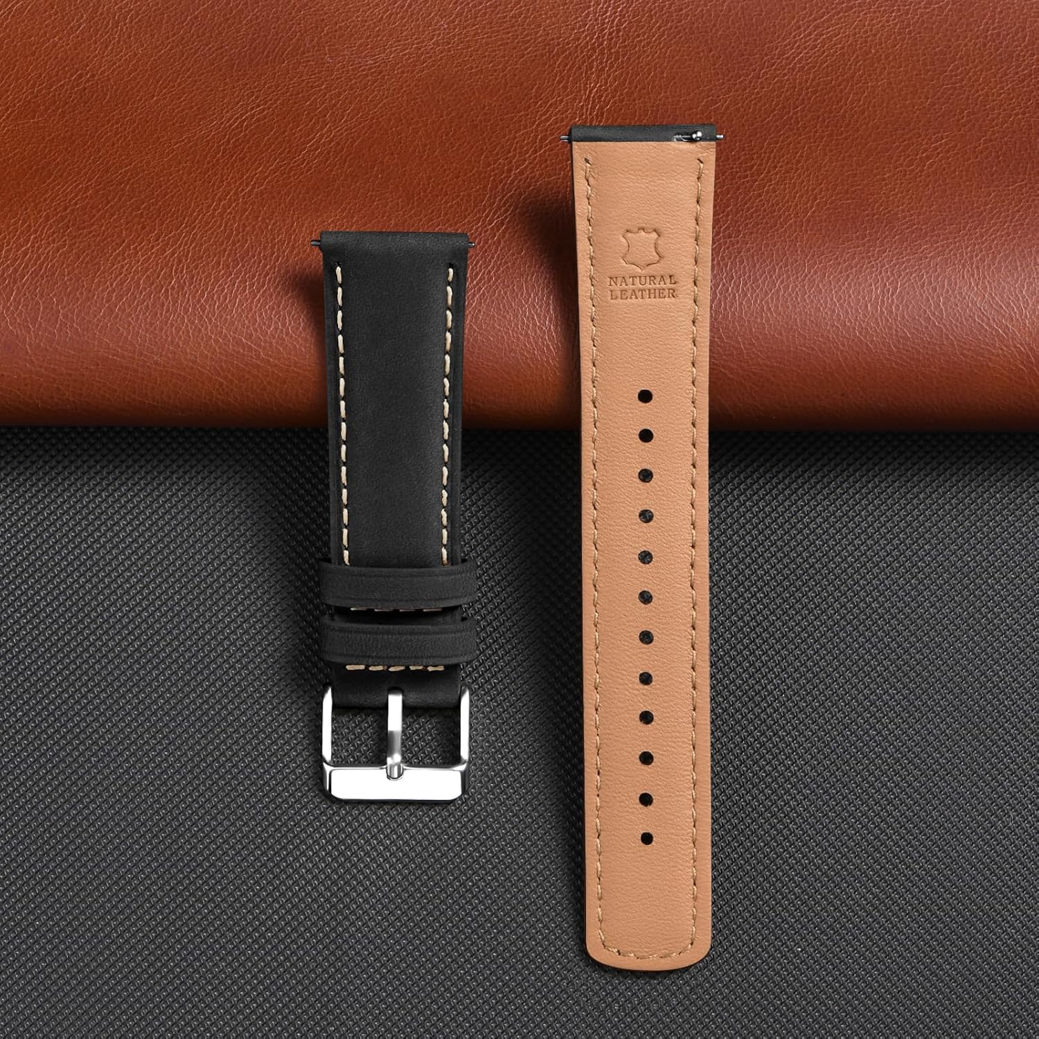 SUNFWR Quick Release Leather Watch Band 20mm for Men Women, Vintage Genuine Leather Strap for Samsung Galaxy Watch 6/Classic/Gear S3/Garmin/Huawei/Timex Watch Bands (20mm, Black/Silver)
