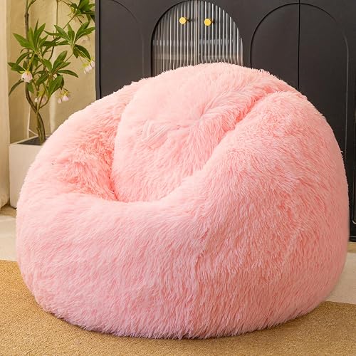Pink fluffy bean bag chair covers (No Filler), comfy Plush Pink bean bag chair Cover for bedroom, stuffed animal Storage, kids adults teens girls bean bag chairs, Anti-Slip
