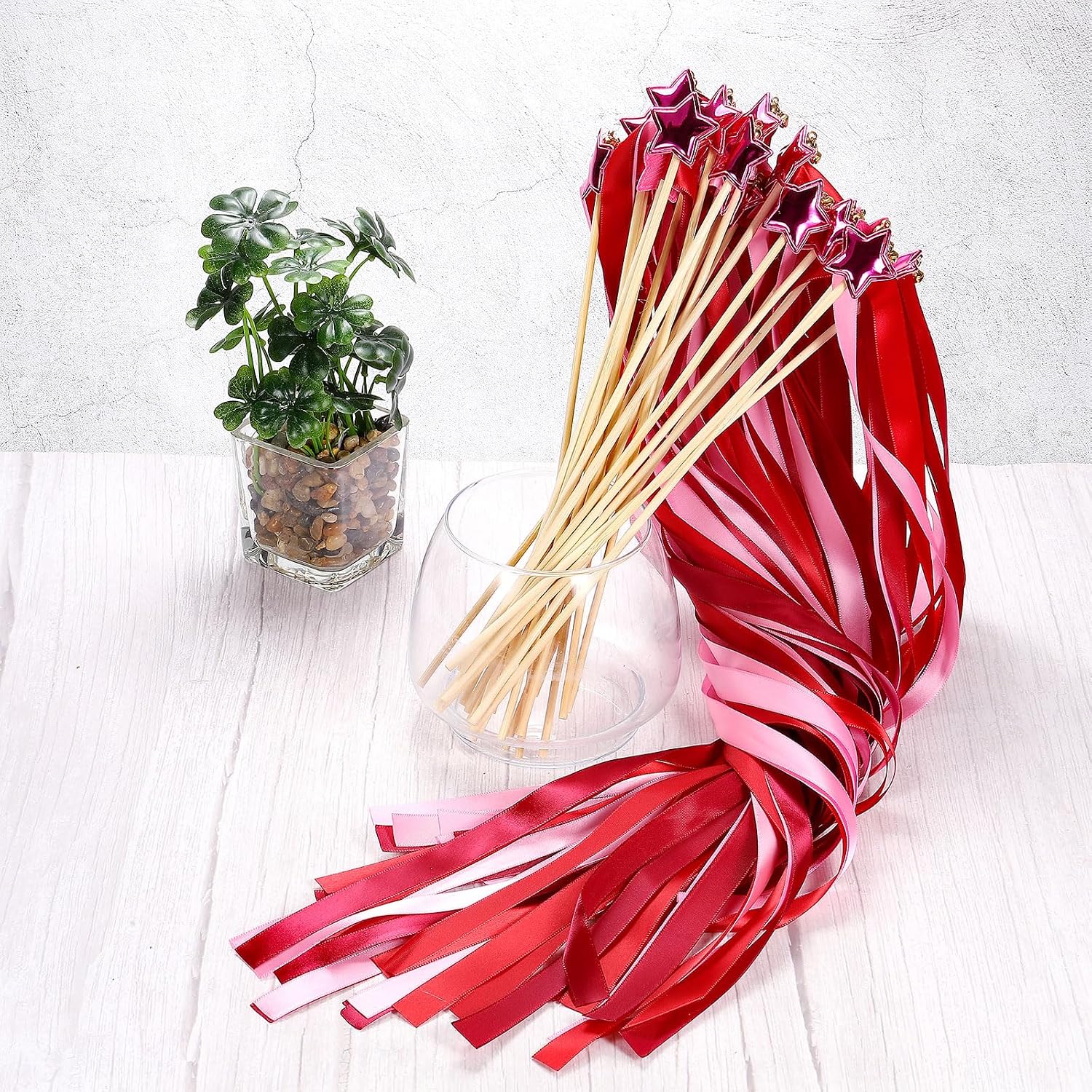 PATIKIL Fairy Wands, 24 Pack Ribbon Streamers with Bells Silk Stick for Wedding Party Birthday Activities Holiday Celebration (Burgundy, Rose Red)