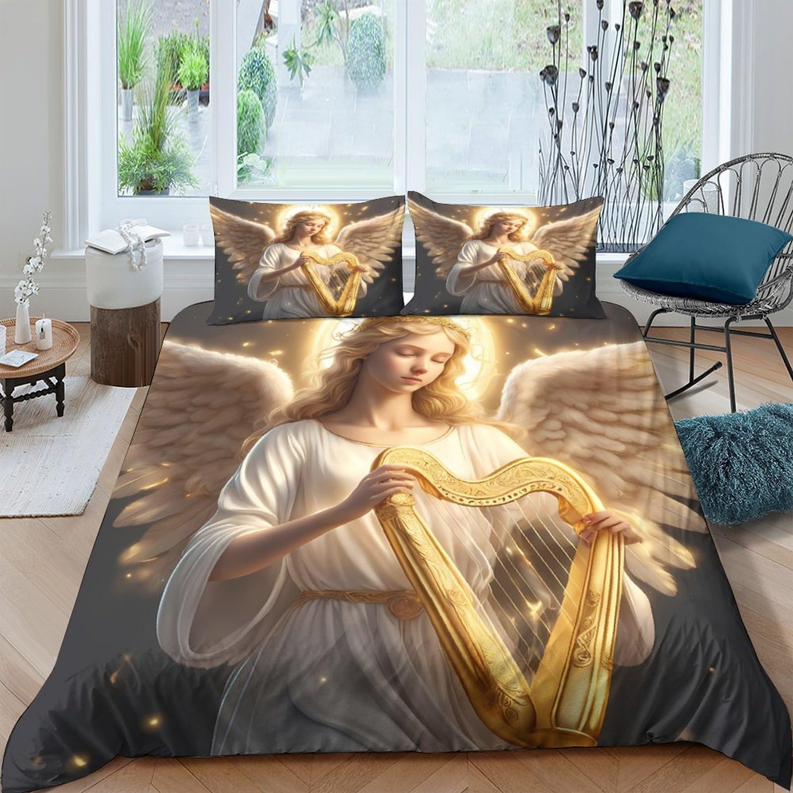 Ctjqhvkz Style-9 3D Printed Angel Harp Fitted Sheet Microfiber Soft Gold Art Mattress Cover For Bedroom Guest Room Home Decor Single（135X200cm）